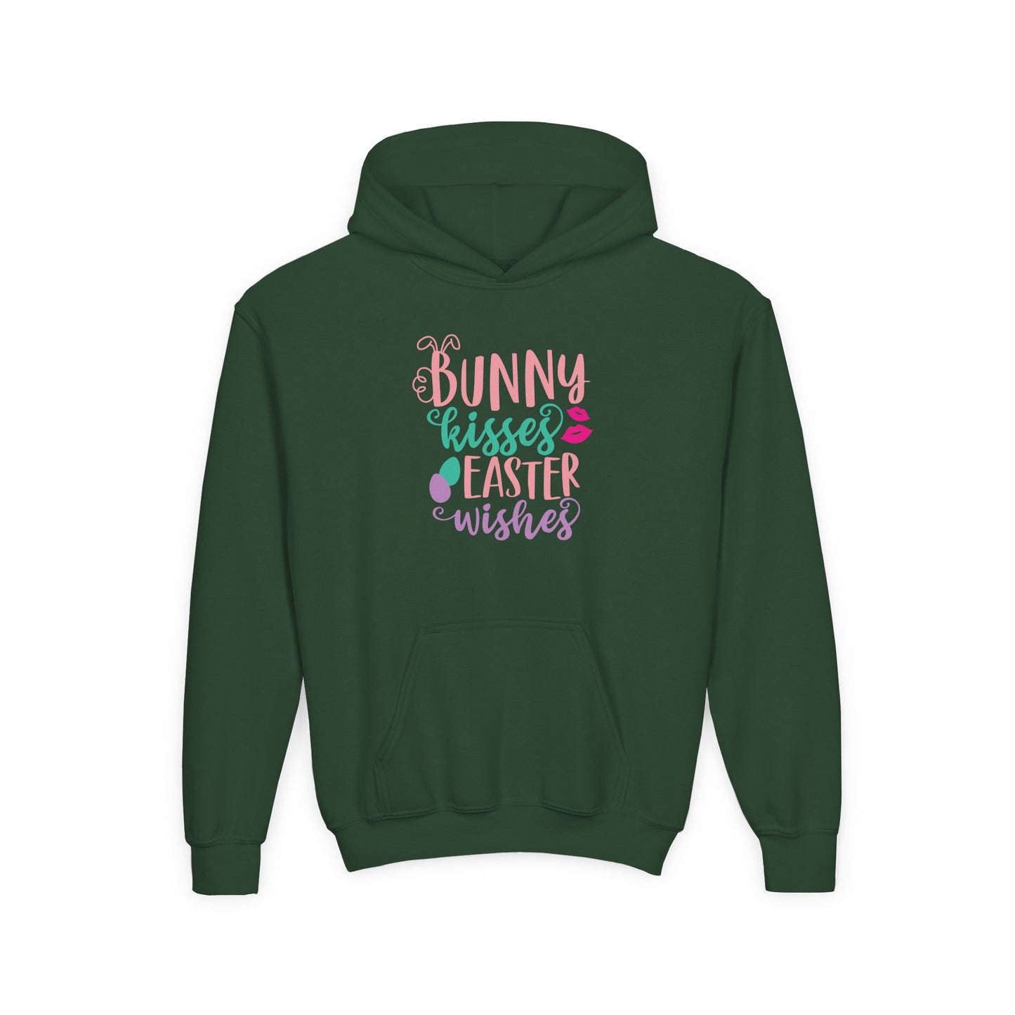 Forest Green Bunny Kisses & Easter Wishes Kids Hoodie | Cute Easter Hoodie