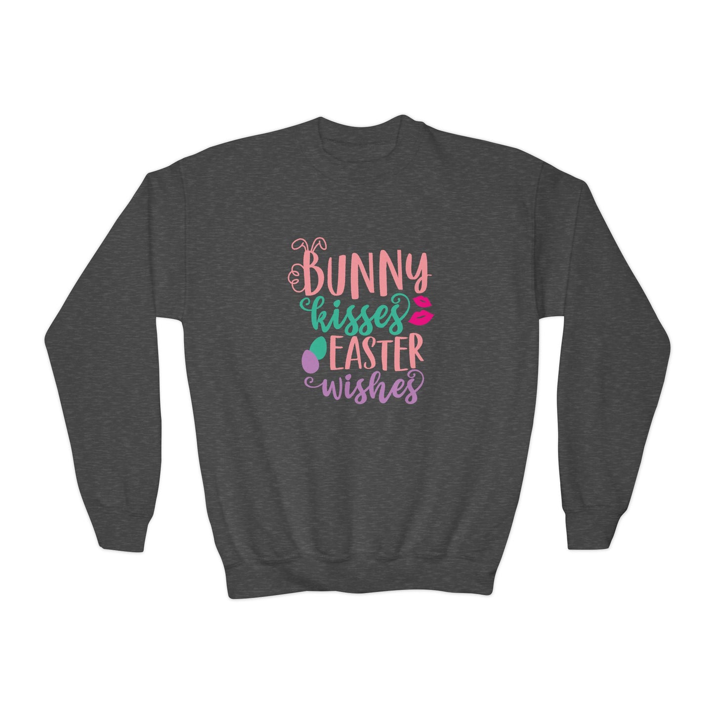 Dark Heather Bunny Kisses & Easter Wishes Sweatshirt | Cute Easter Sweatshirt for Kids