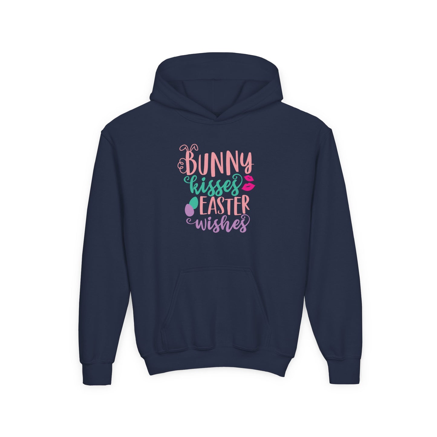 Navy Bunny Kisses & Easter Wishes Kids Hoodie | Cute Easter Hoodie