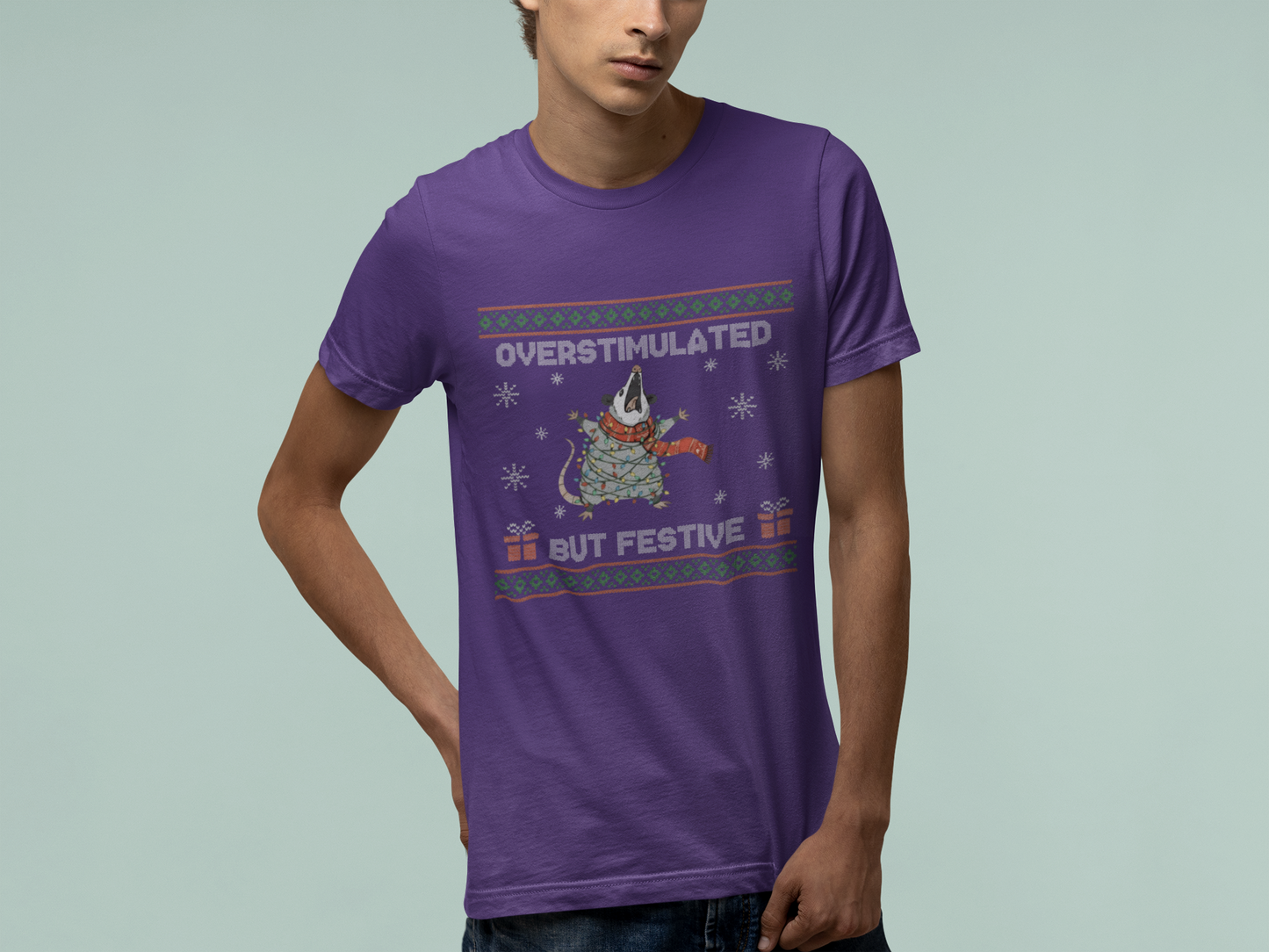 T-Shirt Overstimulated But Festive - Ugly Christmas Sweater Shirt Opossum