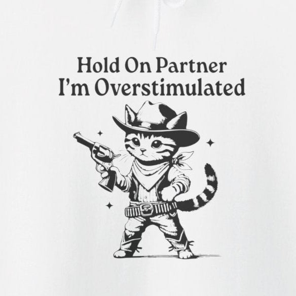 Hoodie Hold On Partner I’m Overstimulated Hoodie – Funny ADHD Cat Hoodie