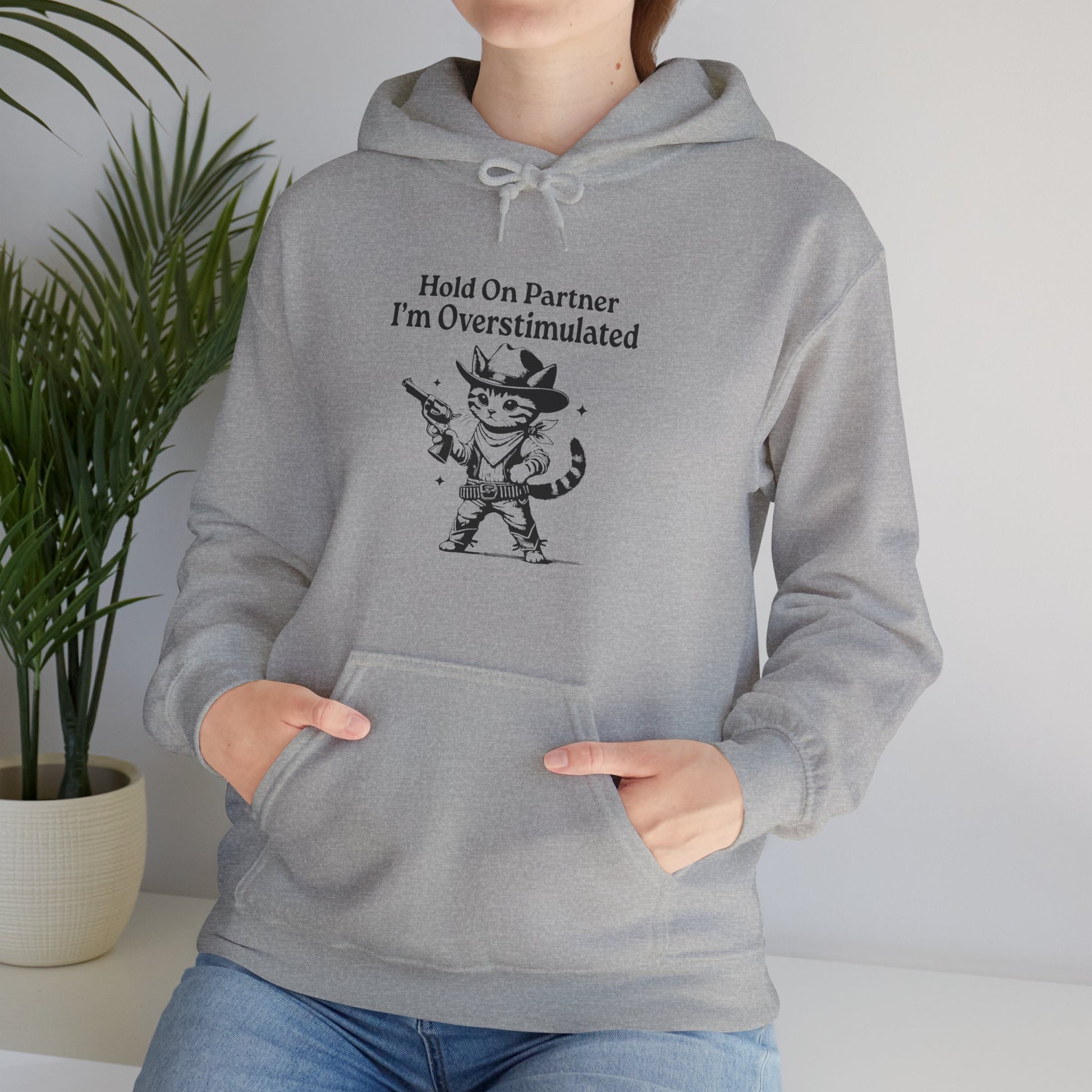 Hoodie Hold On Partner I’m Overstimulated Hoodie – Funny ADHD Cat Hoodie