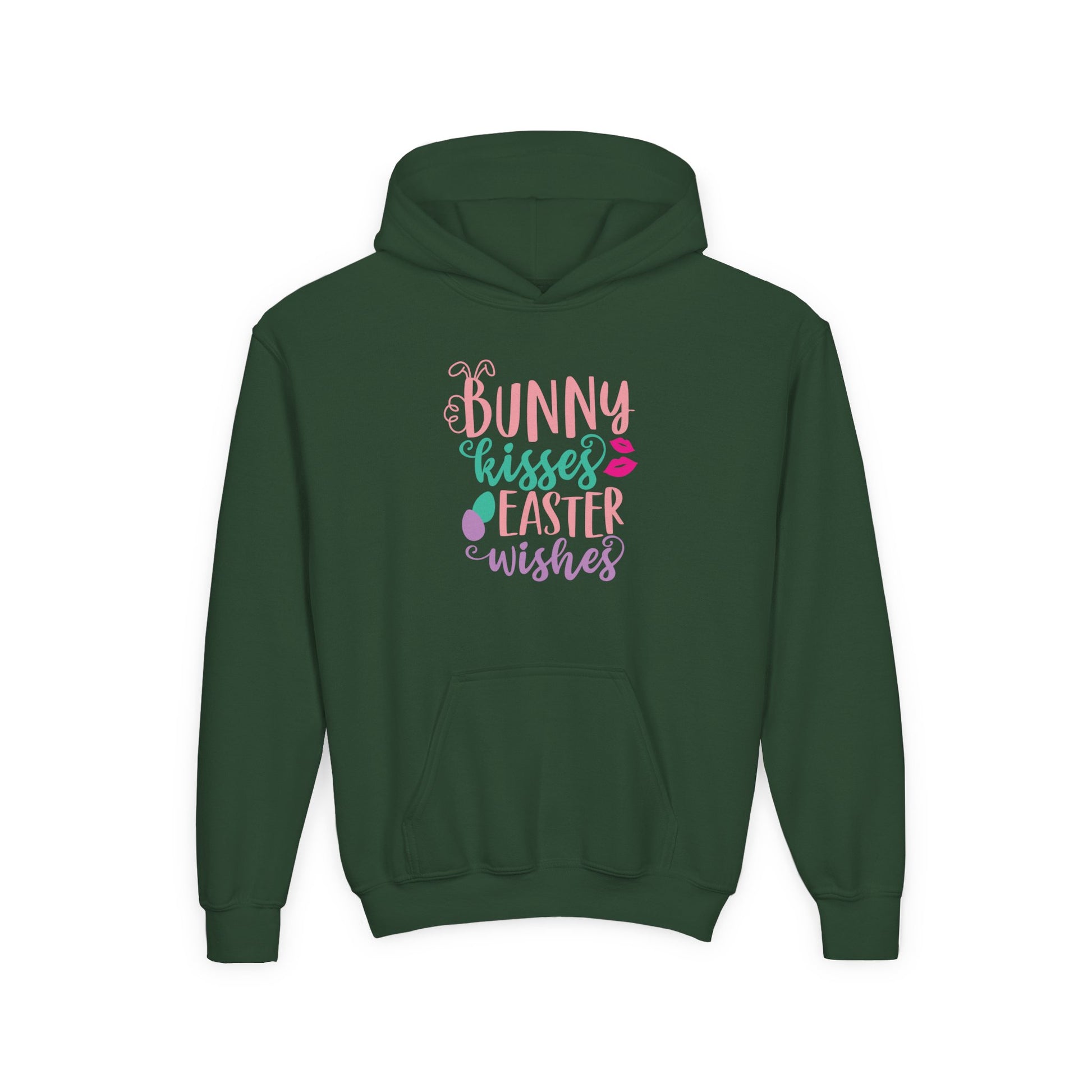 Forest Green Bunny Kisses & Easter Wishes Kids Hoodie | Cute Easter Hoodie