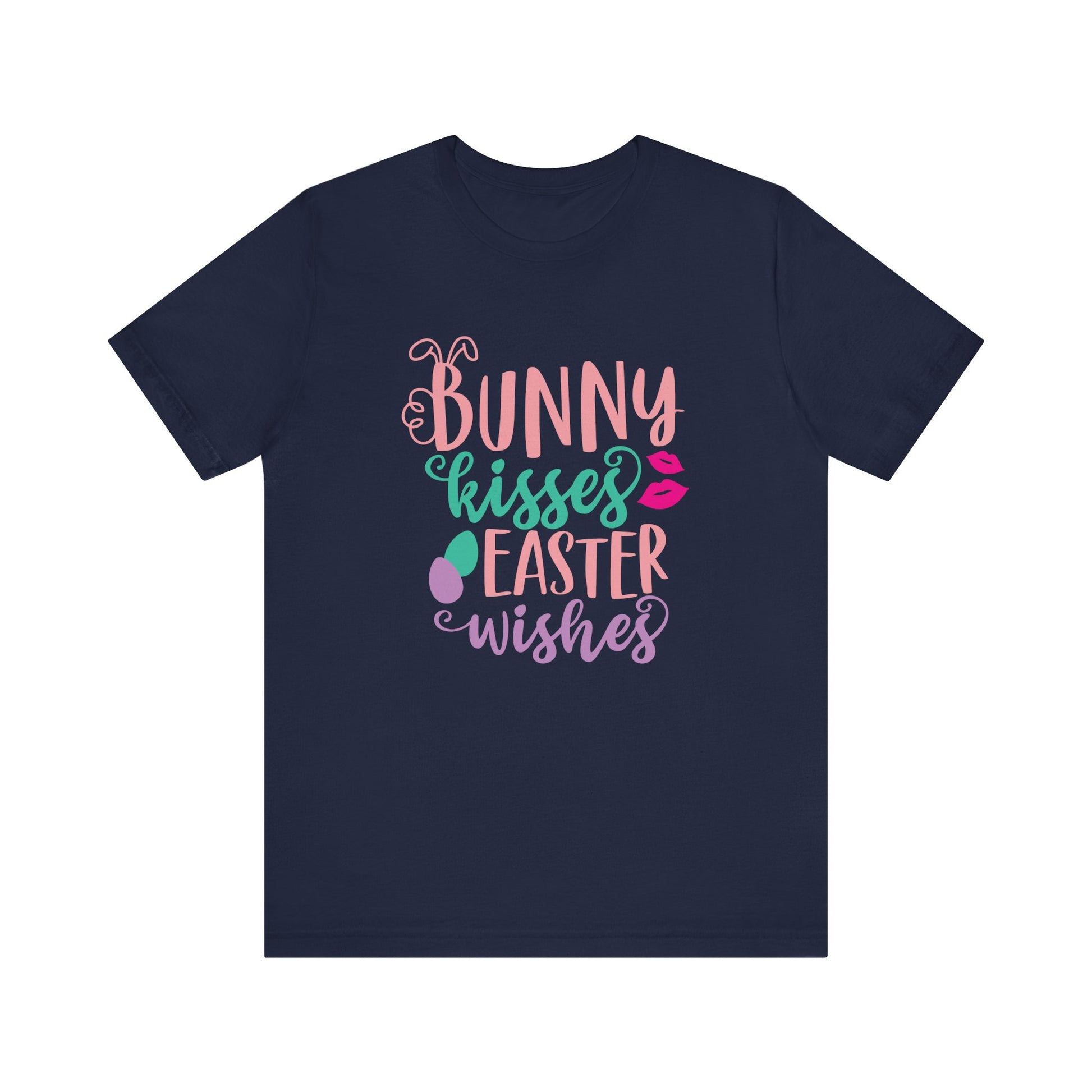 Navy Cute Easter Shirt – Bunny Kisses & Easter Wishes Tee for Women | Family Easter Tee
