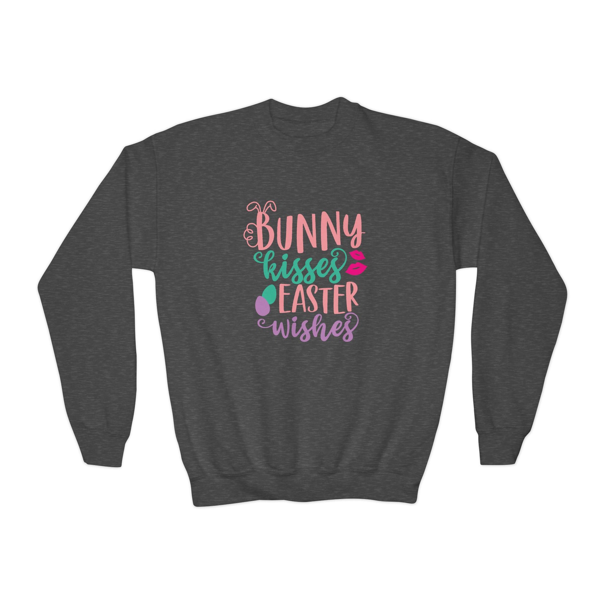 Dark Heather Bunny Kisses & Easter Wishes Sweatshirt | Cute Easter Sweatshirt for Kids
