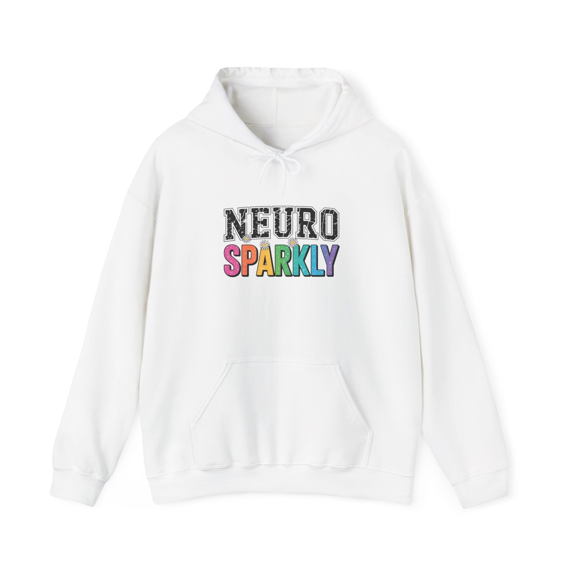White hoodie with 'NEURO SPARKLY' text in colorful letters on a white background