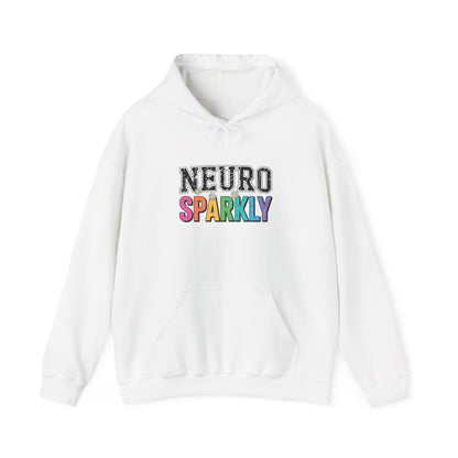 White hoodie with 'NEURO SPARKLY' text in colorful letters on a white background
