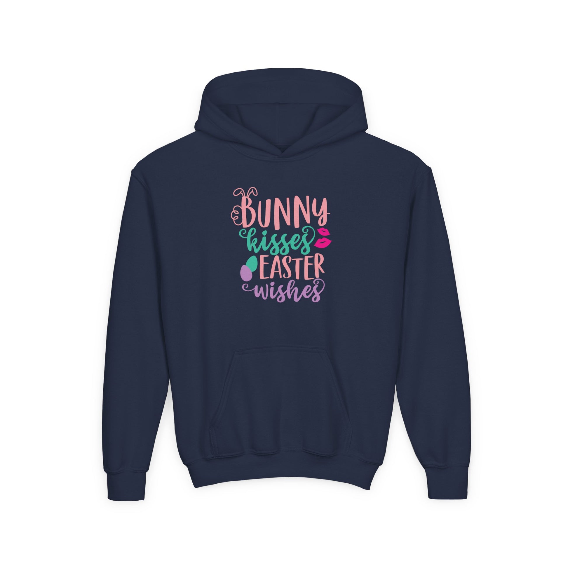 Navy Bunny Kisses & Easter Wishes Kids Hoodie | Cute Easter Hoodie