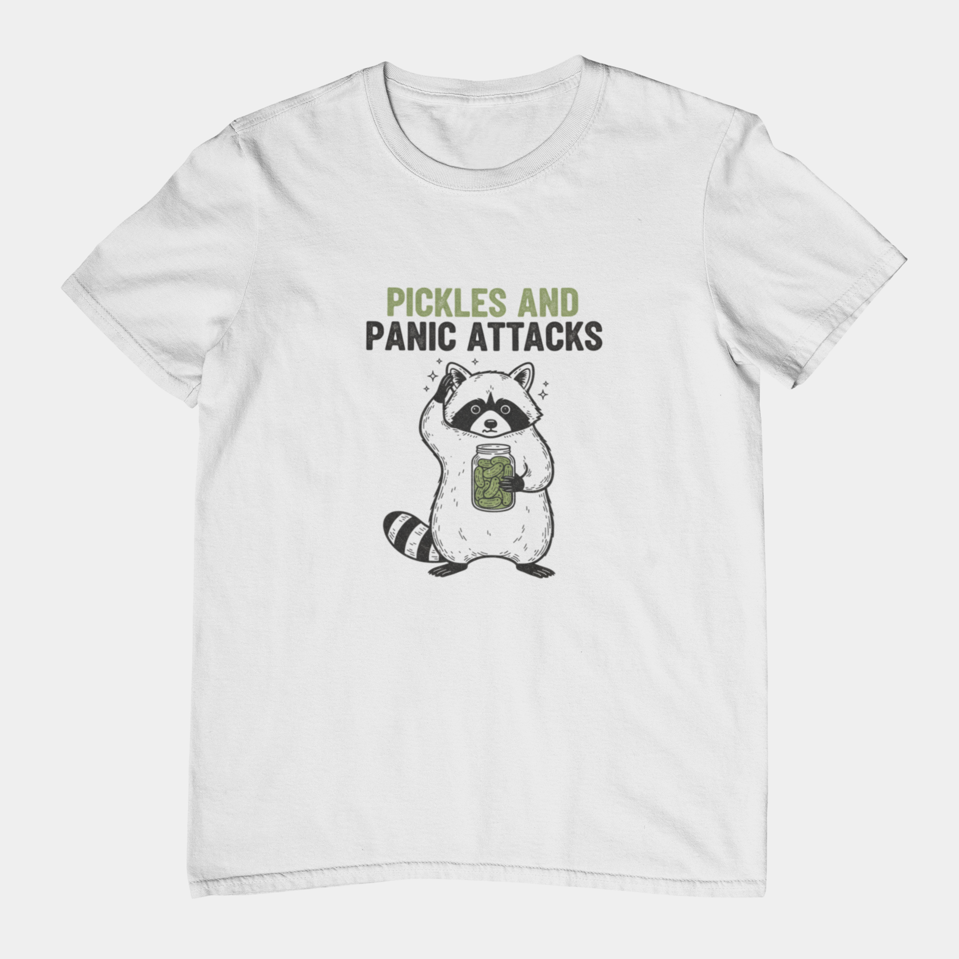 T-Shirt Pickles and Panic Attacks T-Shirt – Vintage Raccoon Graphic Tee