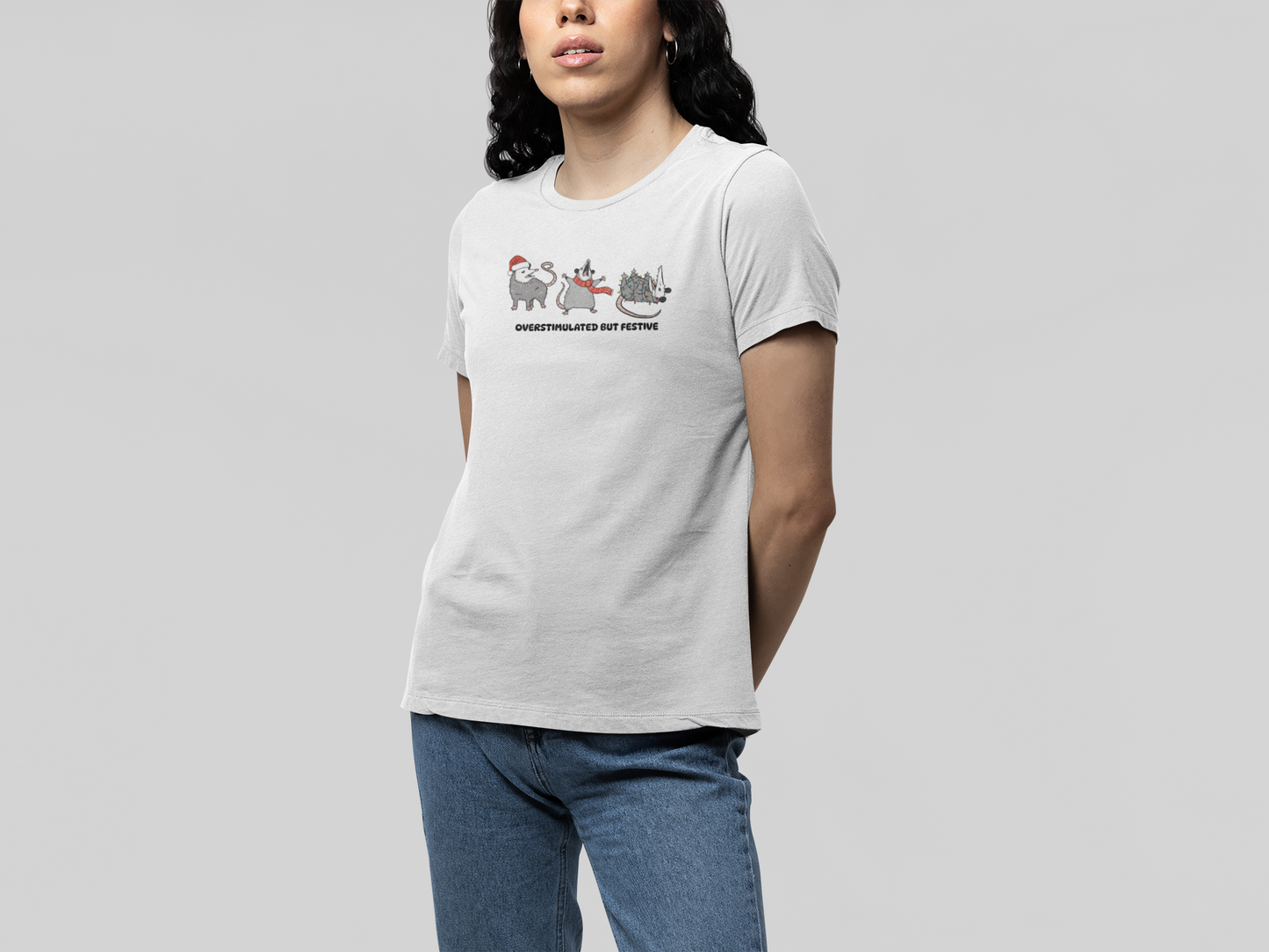 T-Shirt Overstimulated but Festive - Funny Introvert Christmas Shirt Opossum