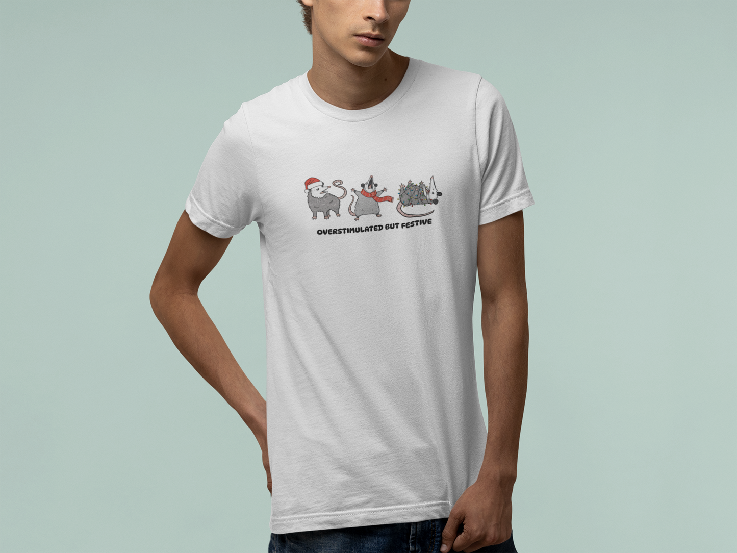 T-Shirt Overstimulated but Festive - Funny Introvert Christmas Shirt Opossum
