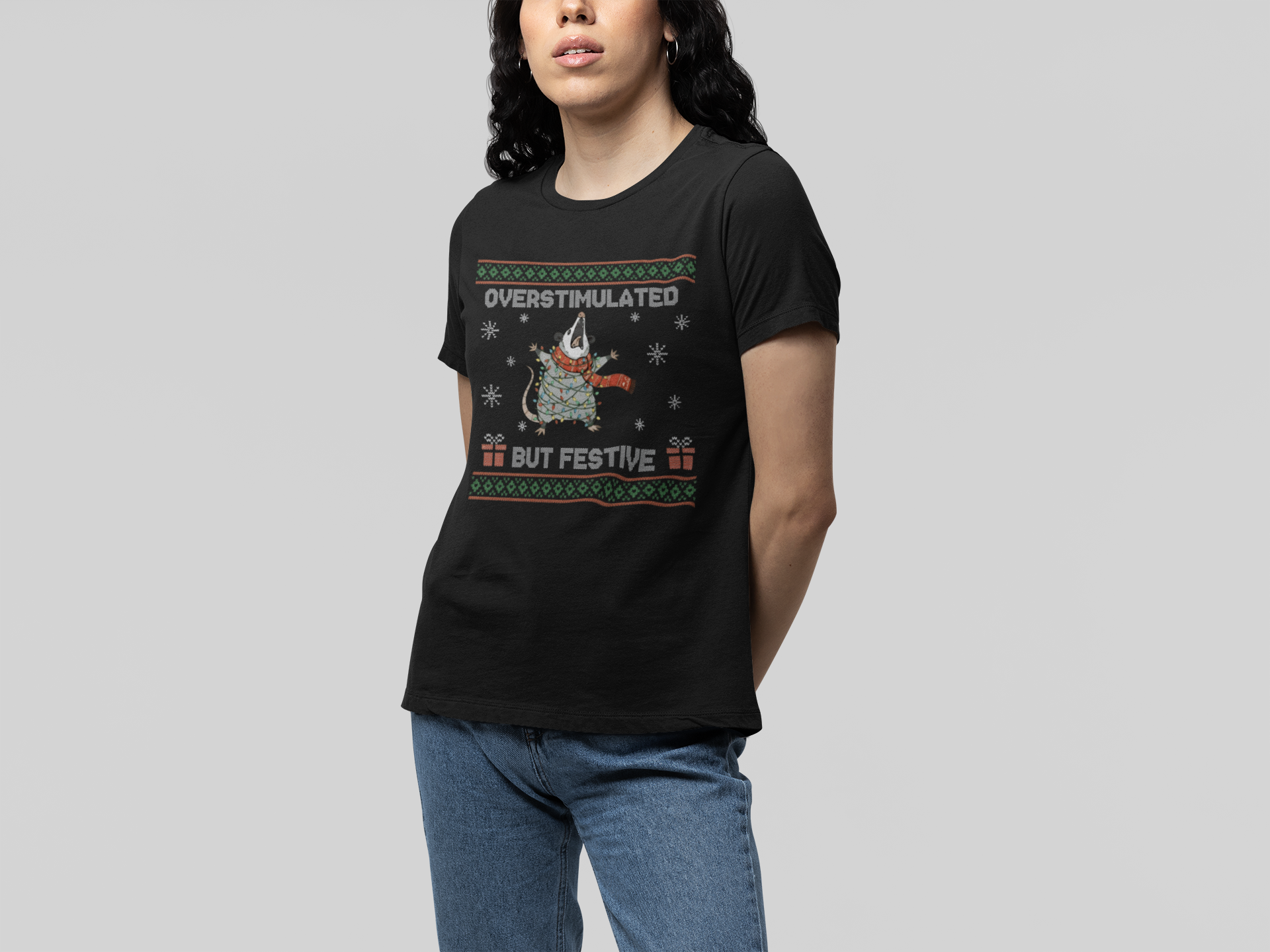 T-Shirt Overstimulated But Festive - Ugly Christmas Sweater Shirt Opossum