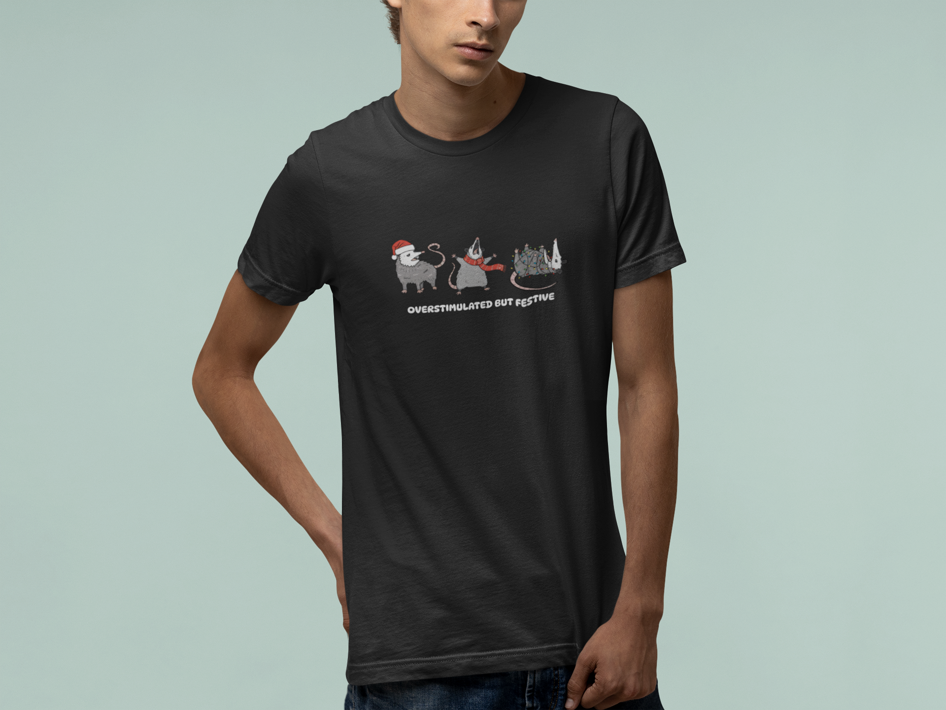 T-Shirt Overstimulated but Festive - Funny Introvert Christmas Shirt Opossum