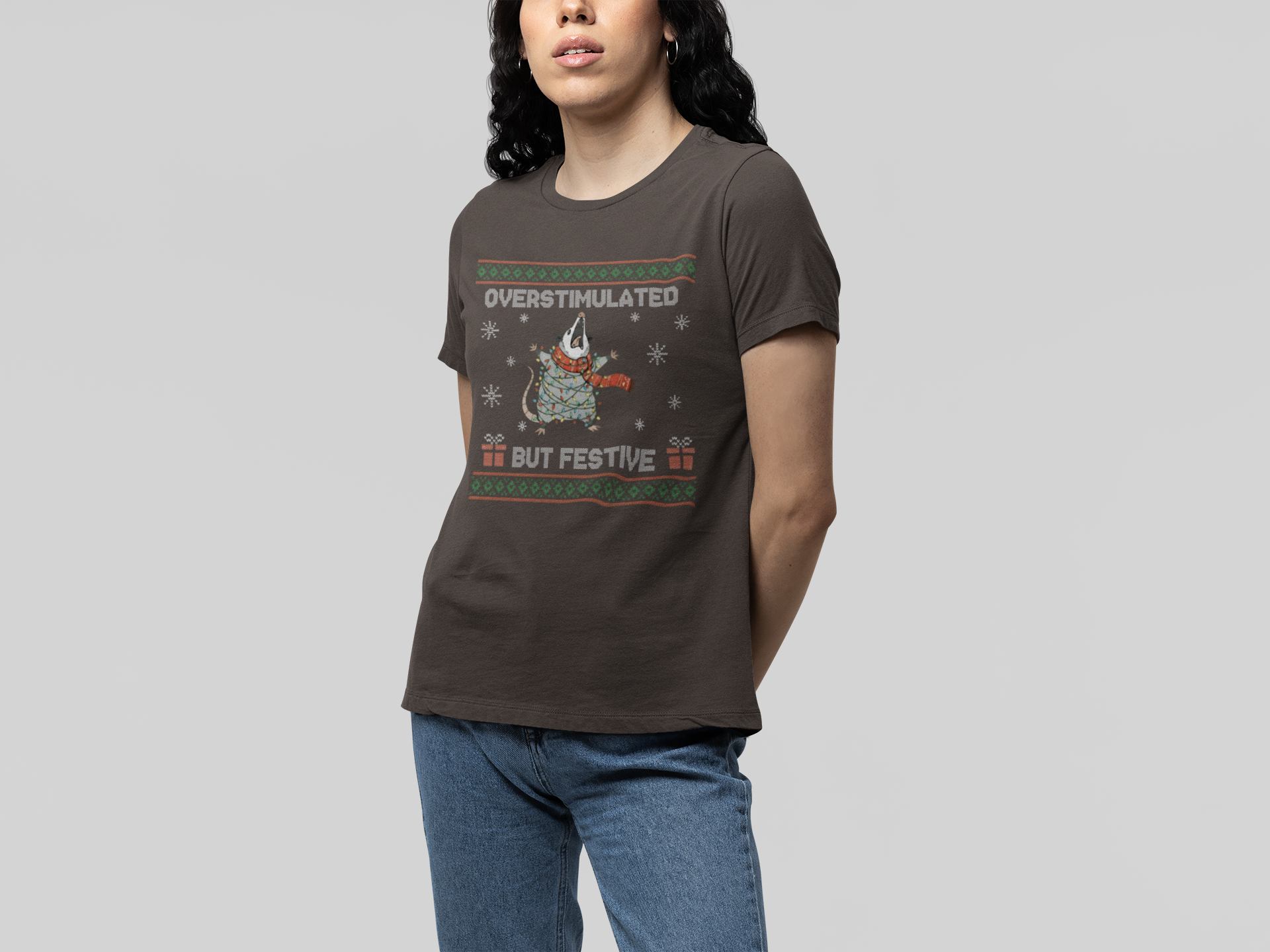 T-Shirt Overstimulated But Festive - Ugly Christmas Sweater Shirt Opossum