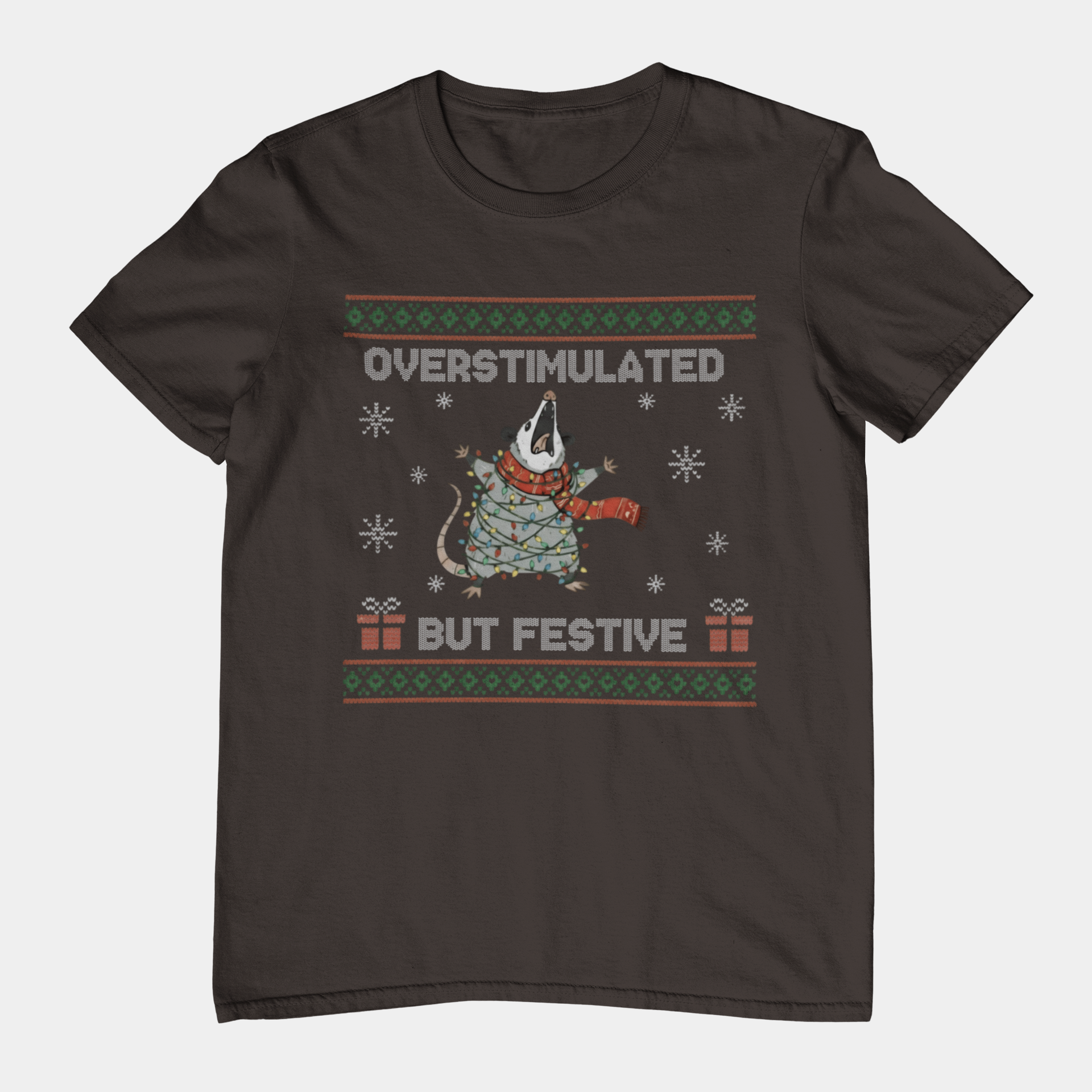 T-Shirt Overstimulated But Festive - Ugly Christmas Sweater Shirt Opossum