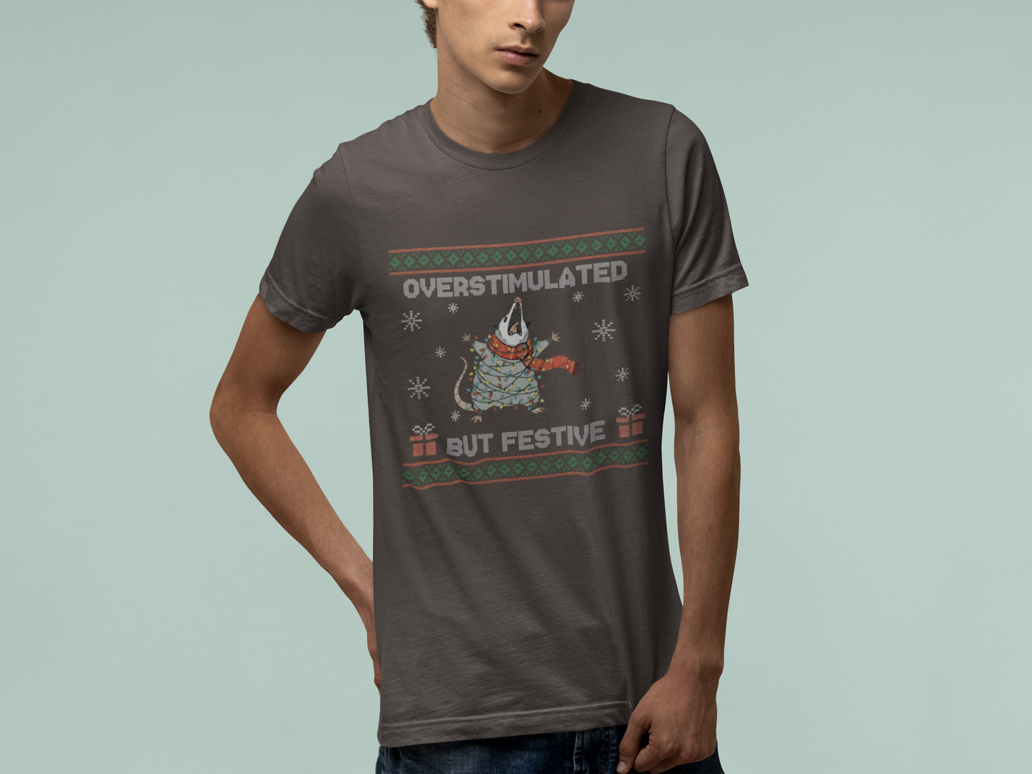 T-Shirt Overstimulated But Festive - Ugly Christmas Sweater Shirt Opossum