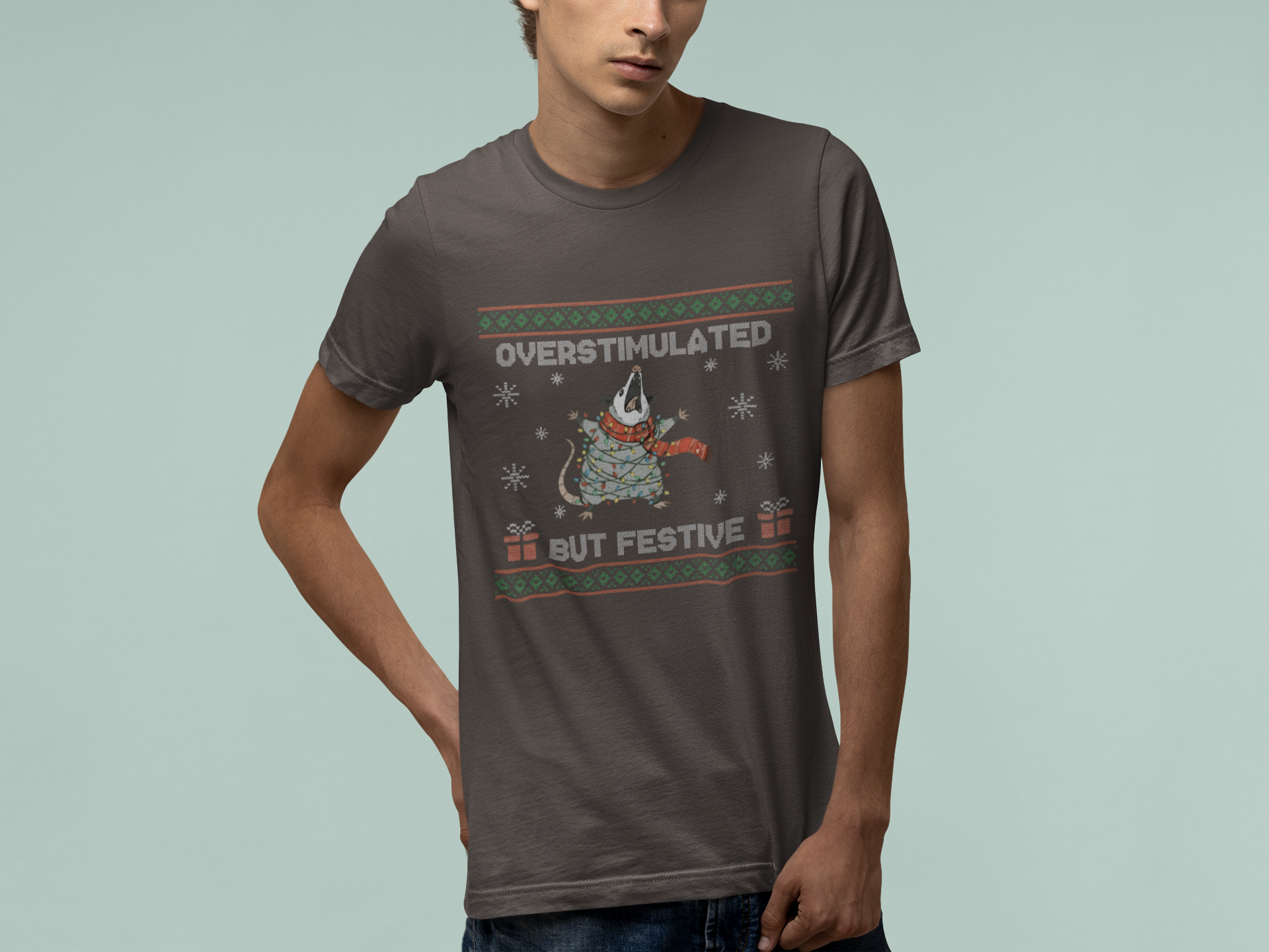 T-Shirt Overstimulated But Festive - Ugly Christmas Sweater Shirt Opossum