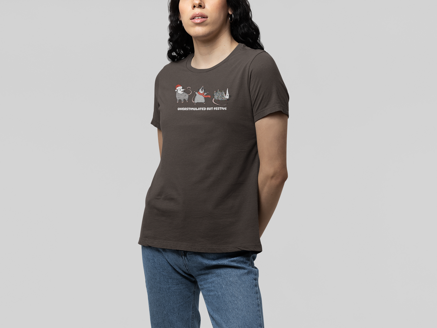 T-Shirt Overstimulated but Festive - Funny Introvert Christmas Shirt Opossum
