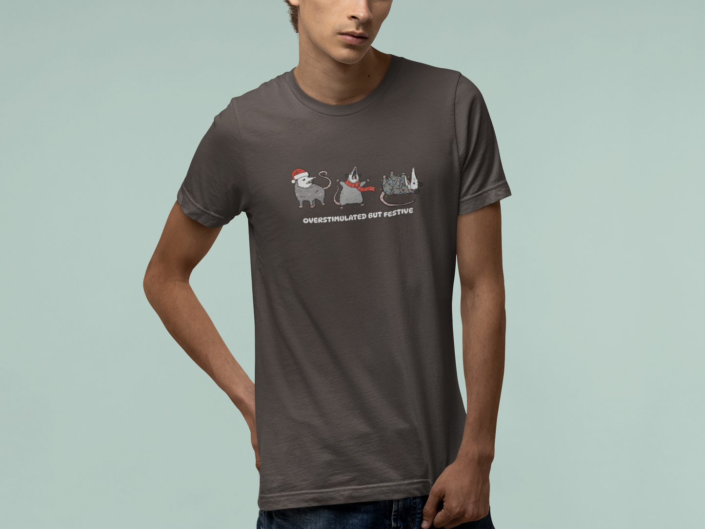 T-Shirt Overstimulated but Festive - Funny Introvert Christmas Shirt Opossum