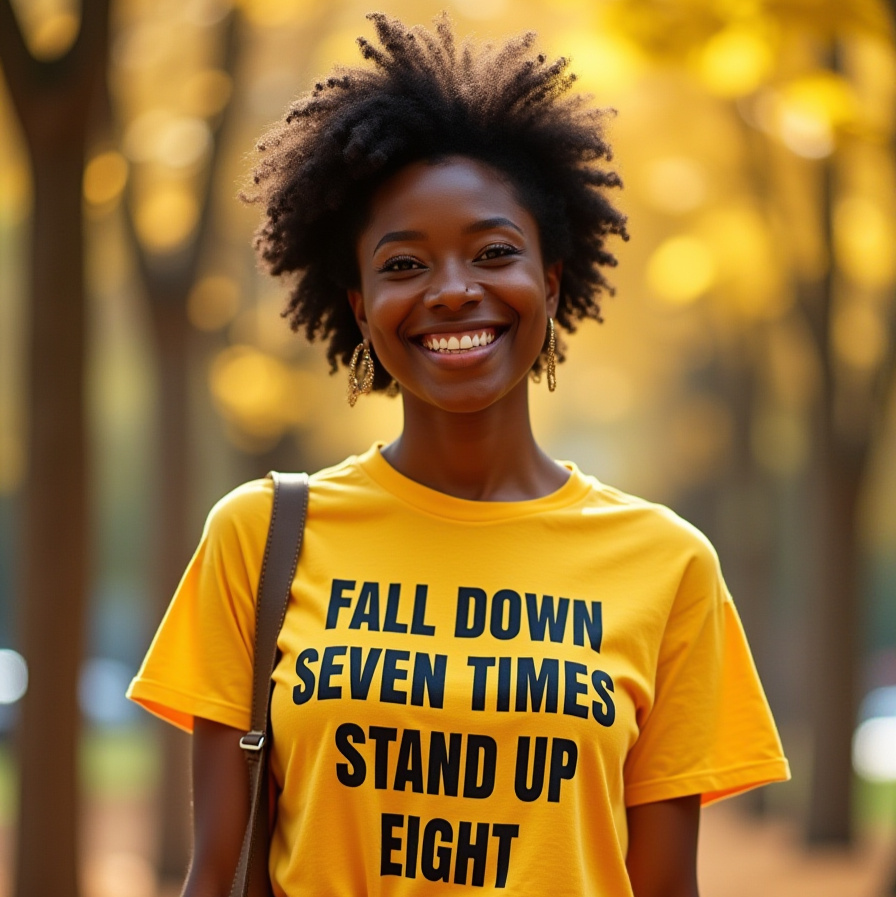 miling young woman wearing a bright yellow motivational t-shirt that reads 'Fall Down Seven Times, Stand Up Eight.' She radiates confidence and positivity, embodying Brightside Wear's mission of resilience and empowerment. The background features a golden autumn setting, enhancing the uplifting vibe