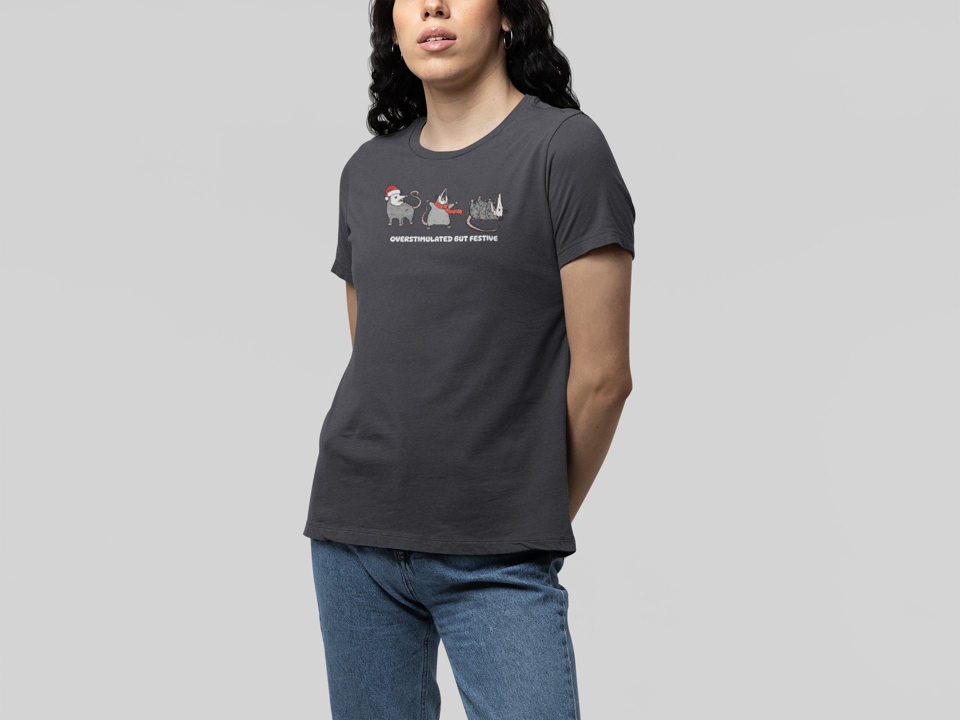 T-Shirt Overstimulated but Festive - Funny Introvert Christmas Shirt Opossum