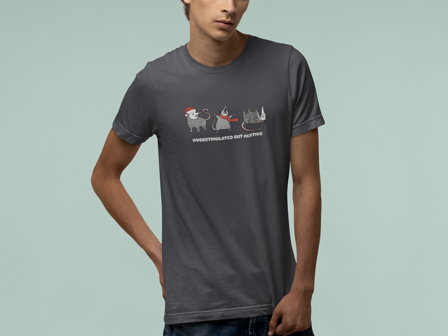 T-Shirt Overstimulated but Festive - Funny Introvert Christmas Shirt Opossum