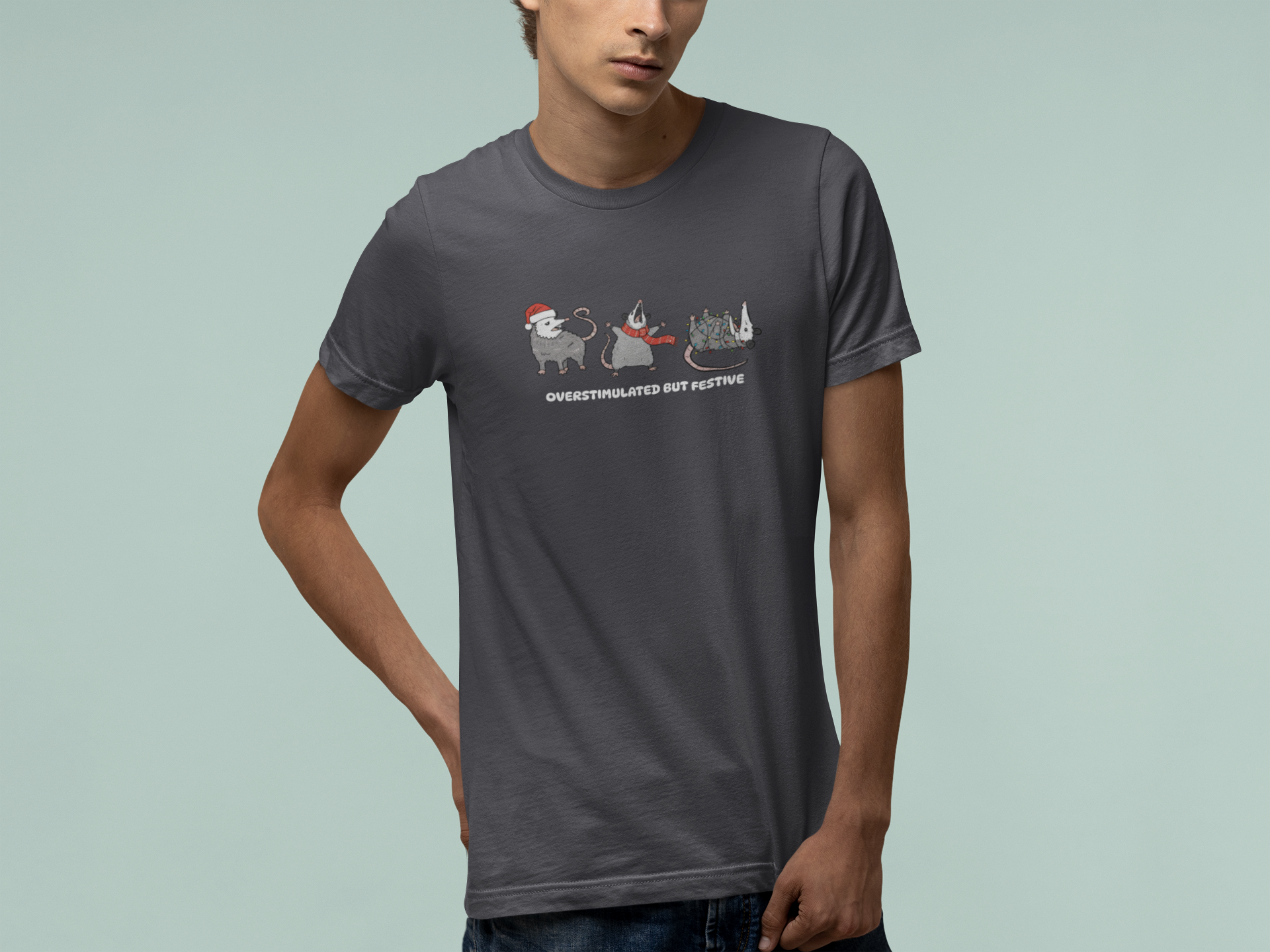T-Shirt Overstimulated but Festive - Funny Introvert Christmas Shirt Opossum