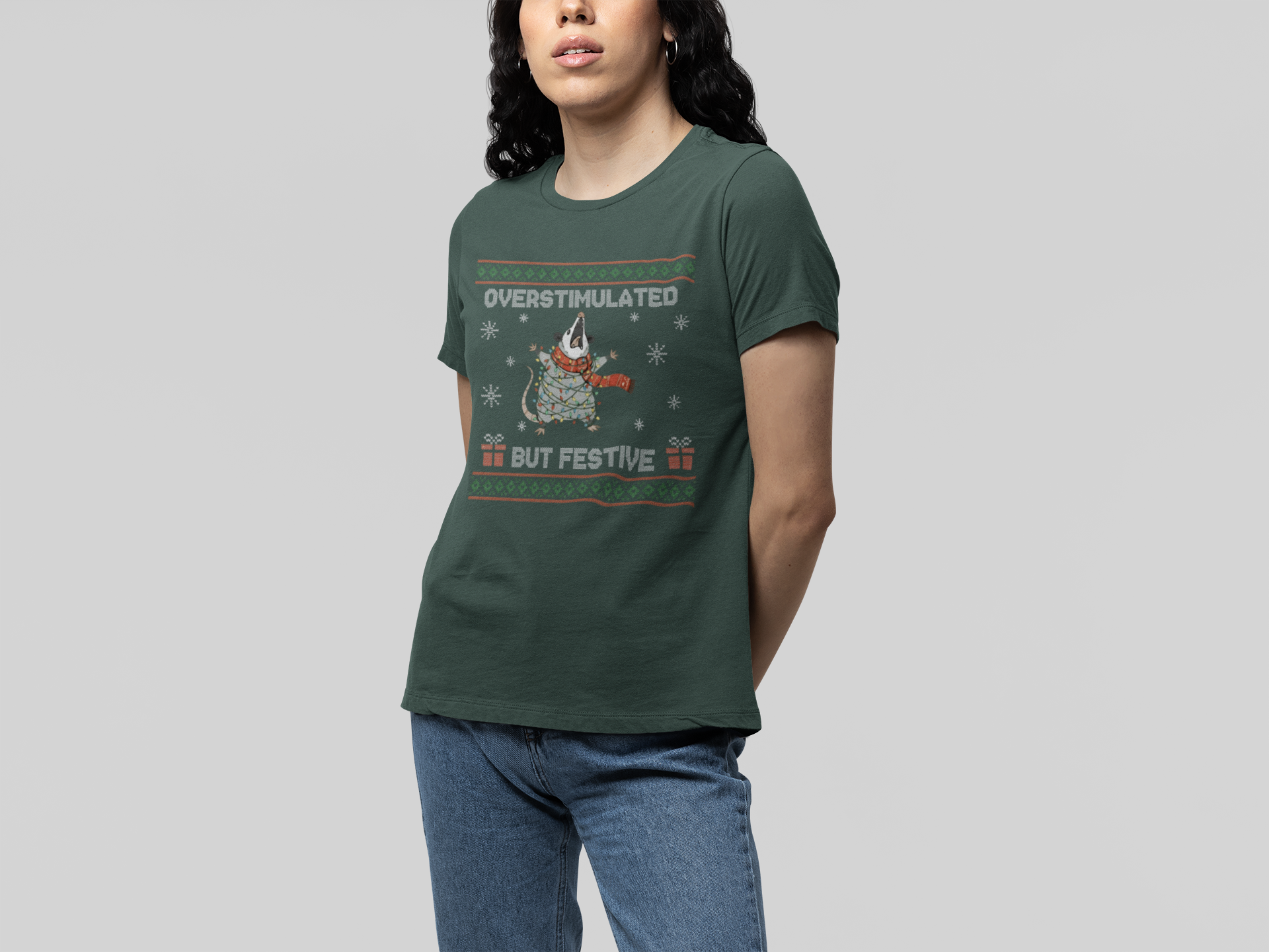 T-Shirt Overstimulated But Festive - Ugly Christmas Sweater Shirt Opossum