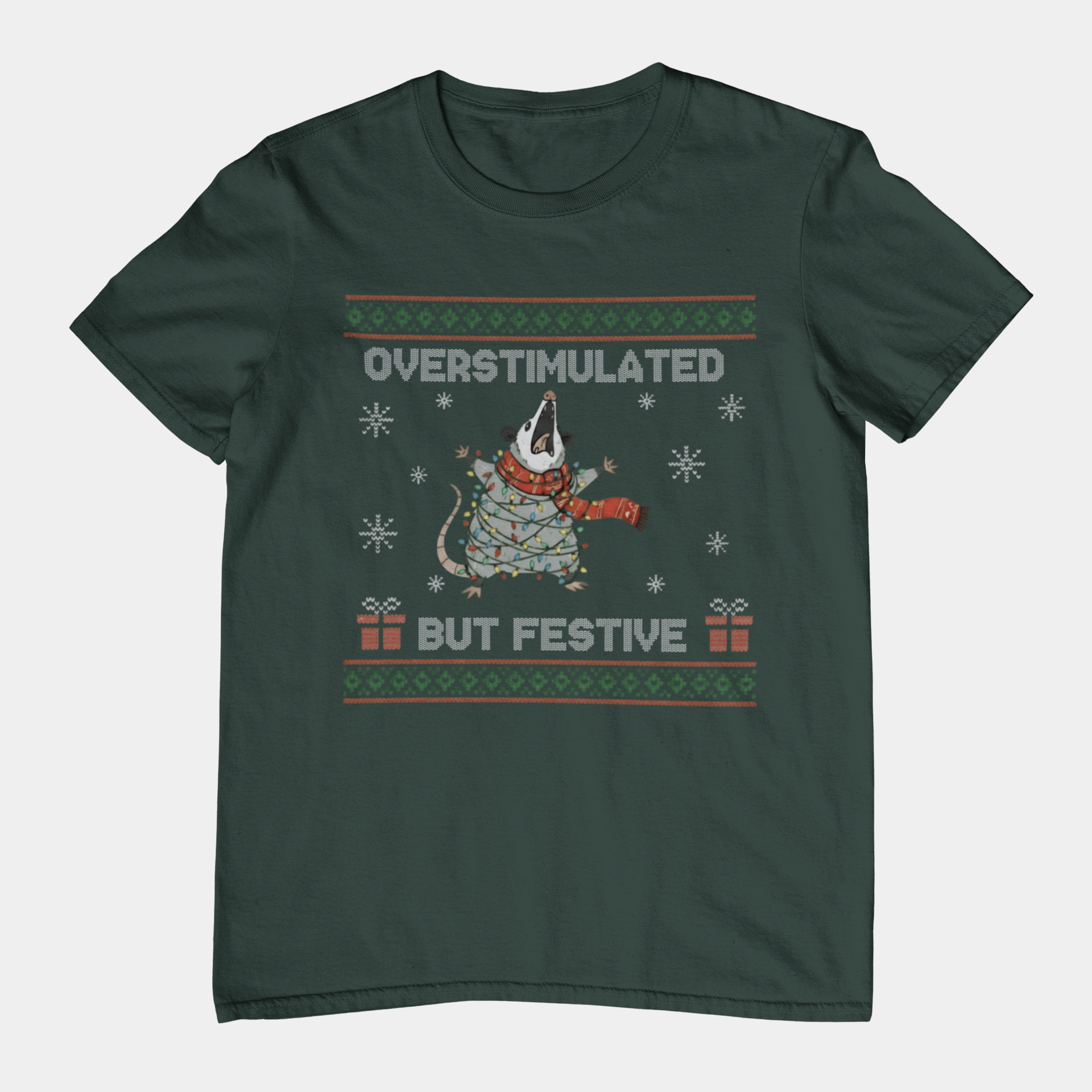 T-Shirt Overstimulated But Festive - Ugly Christmas Sweater Shirt Opossum