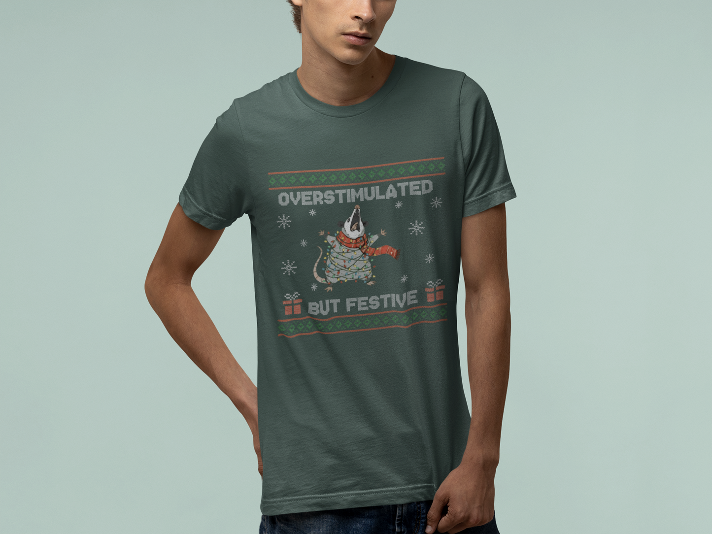 T-Shirt Overstimulated But Festive - Ugly Christmas Sweater Shirt Opossum