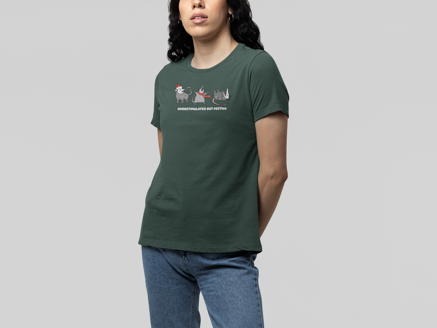 T-Shirt Overstimulated but Festive - Funny Introvert Christmas Shirt Opossum