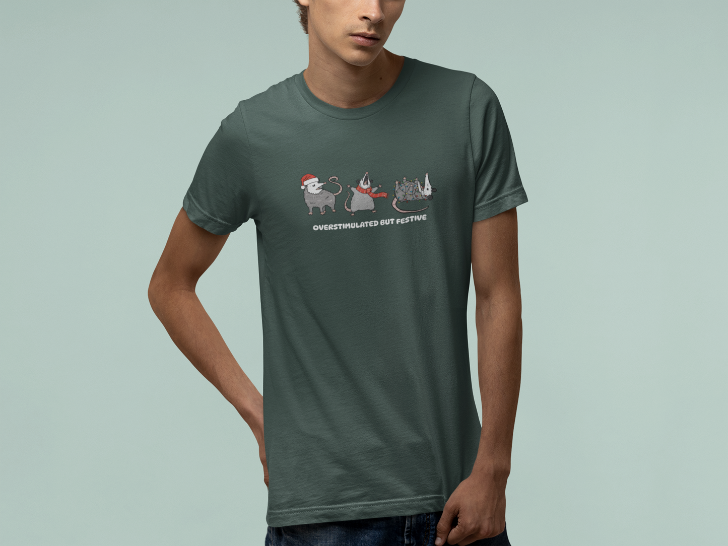 T-Shirt Overstimulated but Festive - Funny Introvert Christmas Shirt Opossum