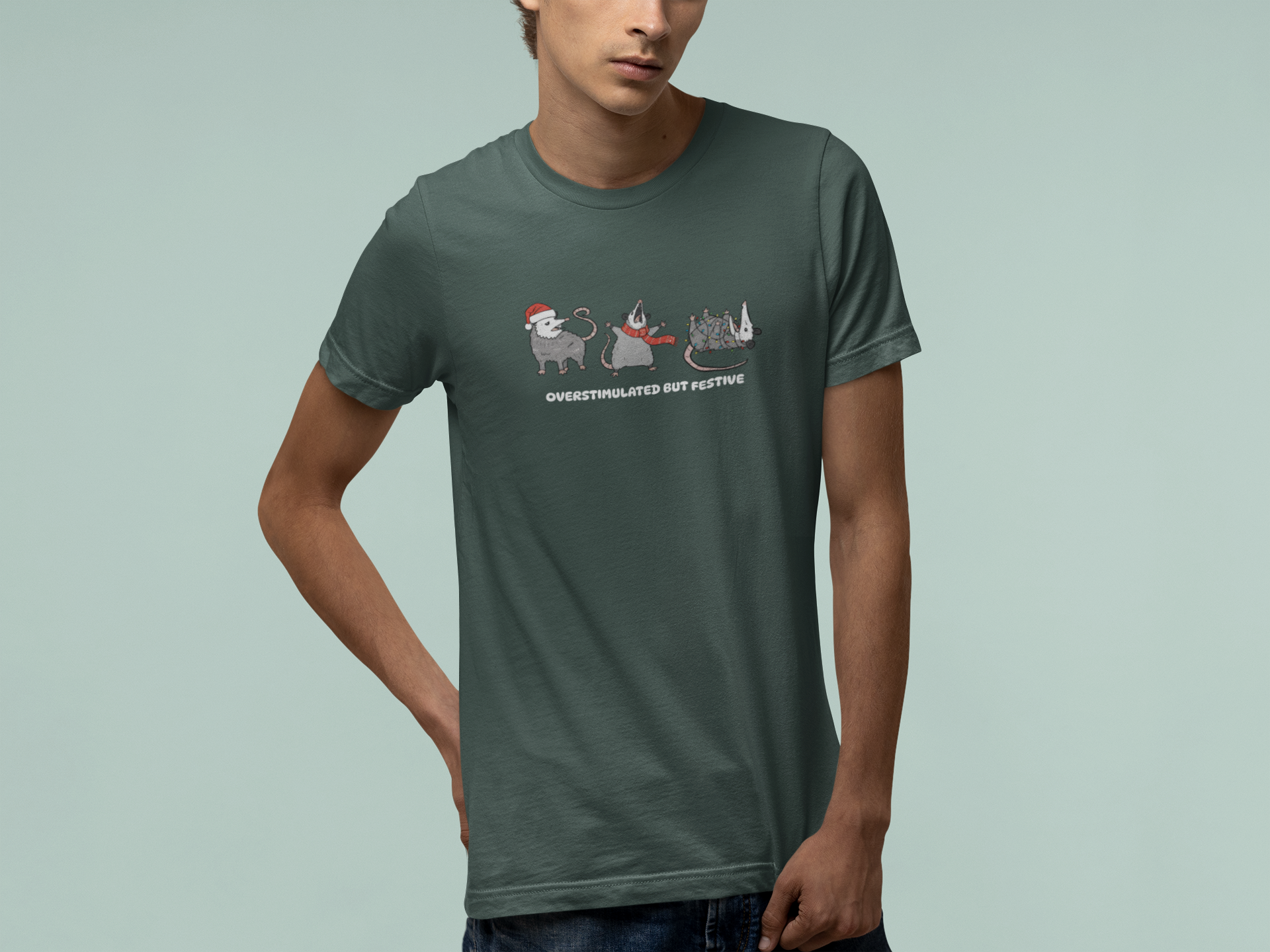 T-Shirt Overstimulated but Festive - Funny Introvert Christmas Shirt Opossum
