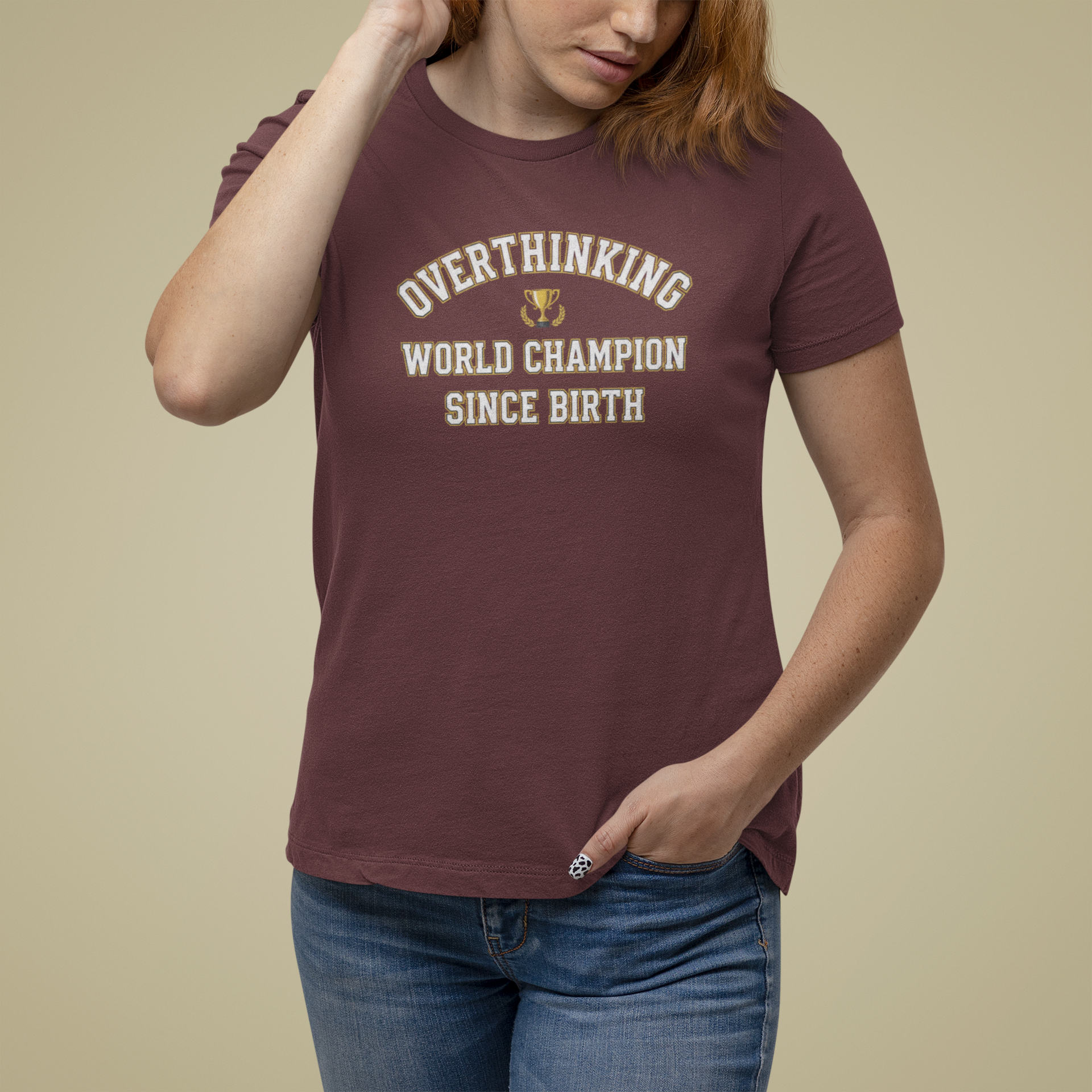 T-Shirt Overthinking World Champion T-Shirt – Funny Varsity Graphic Tee