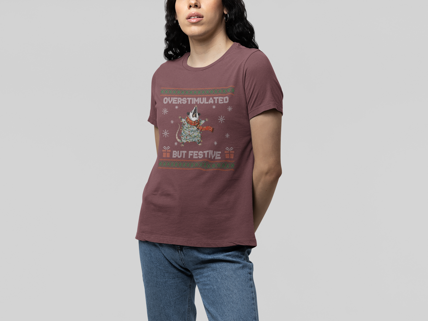 T-Shirt Overstimulated But Festive - Ugly Christmas Sweater Shirt Opossum