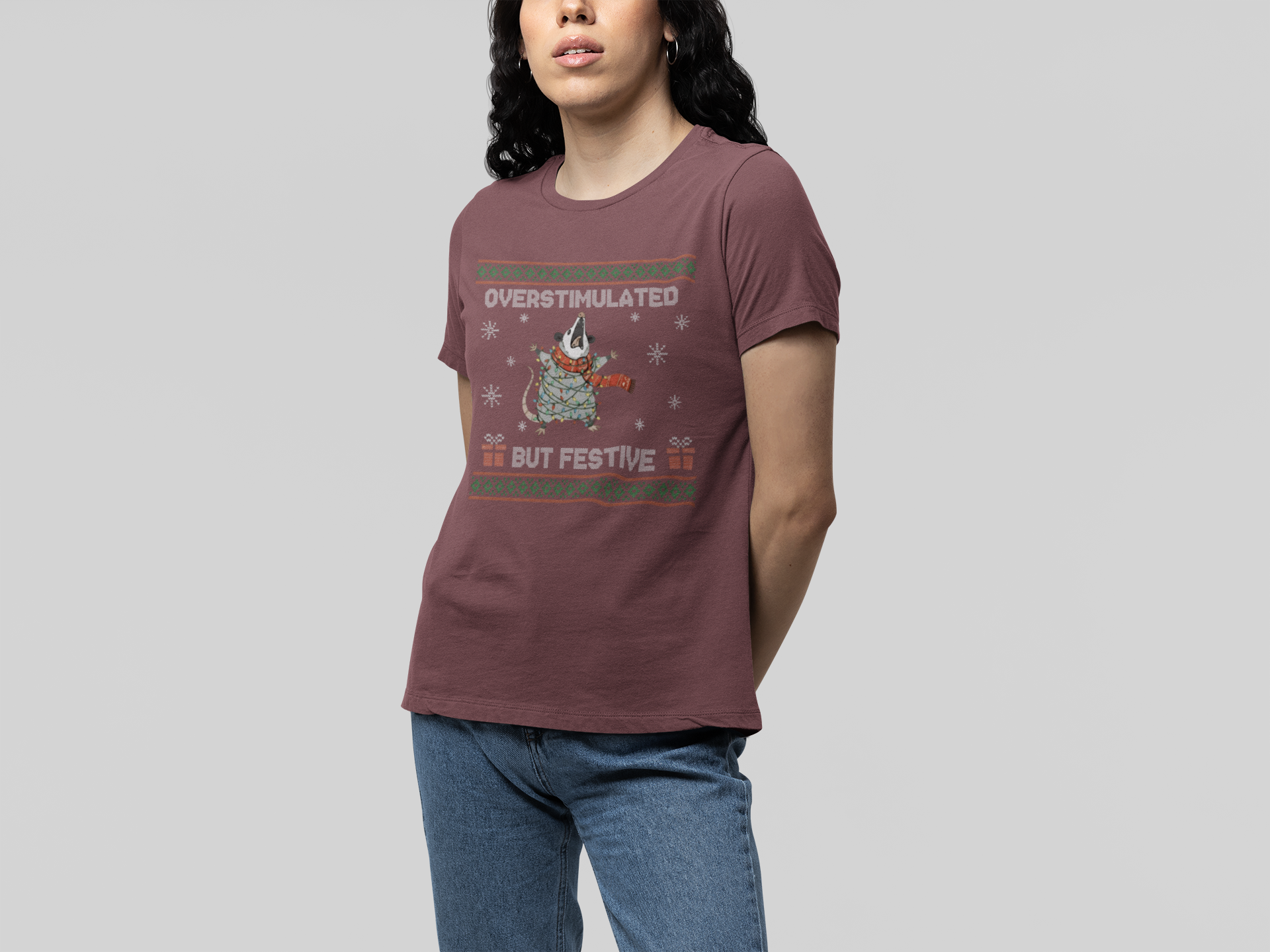 T-Shirt Overstimulated But Festive - Ugly Christmas Sweater Shirt Opossum
