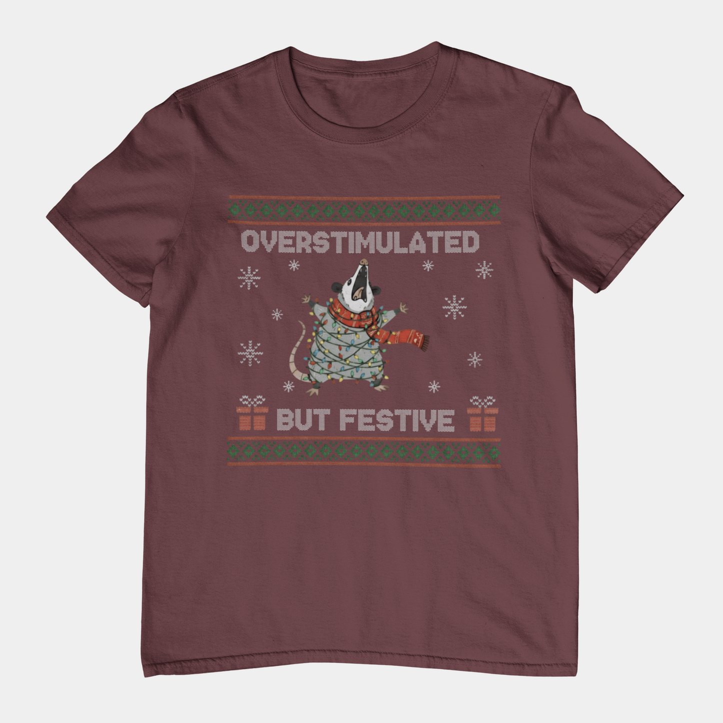 T-Shirt Overstimulated But Festive - Ugly Christmas Sweater Shirt Opossum