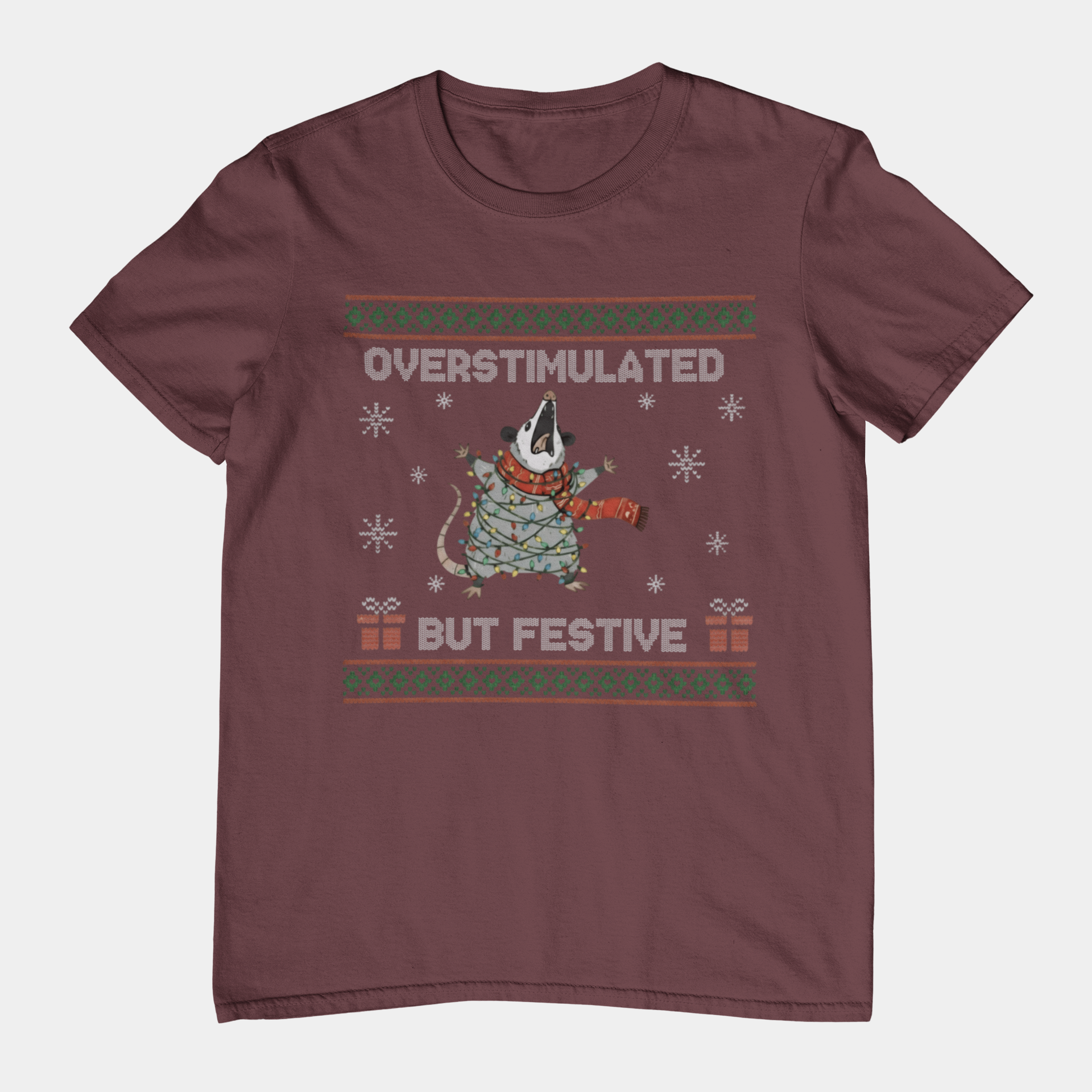 T-Shirt Overstimulated But Festive - Ugly Christmas Sweater Shirt Opossum