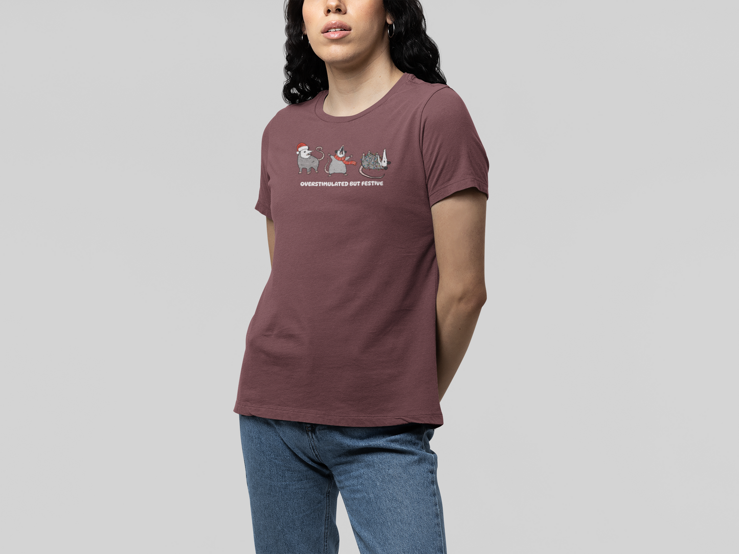 T-Shirt Overstimulated but Festive - Funny Introvert Christmas Shirt Opossum