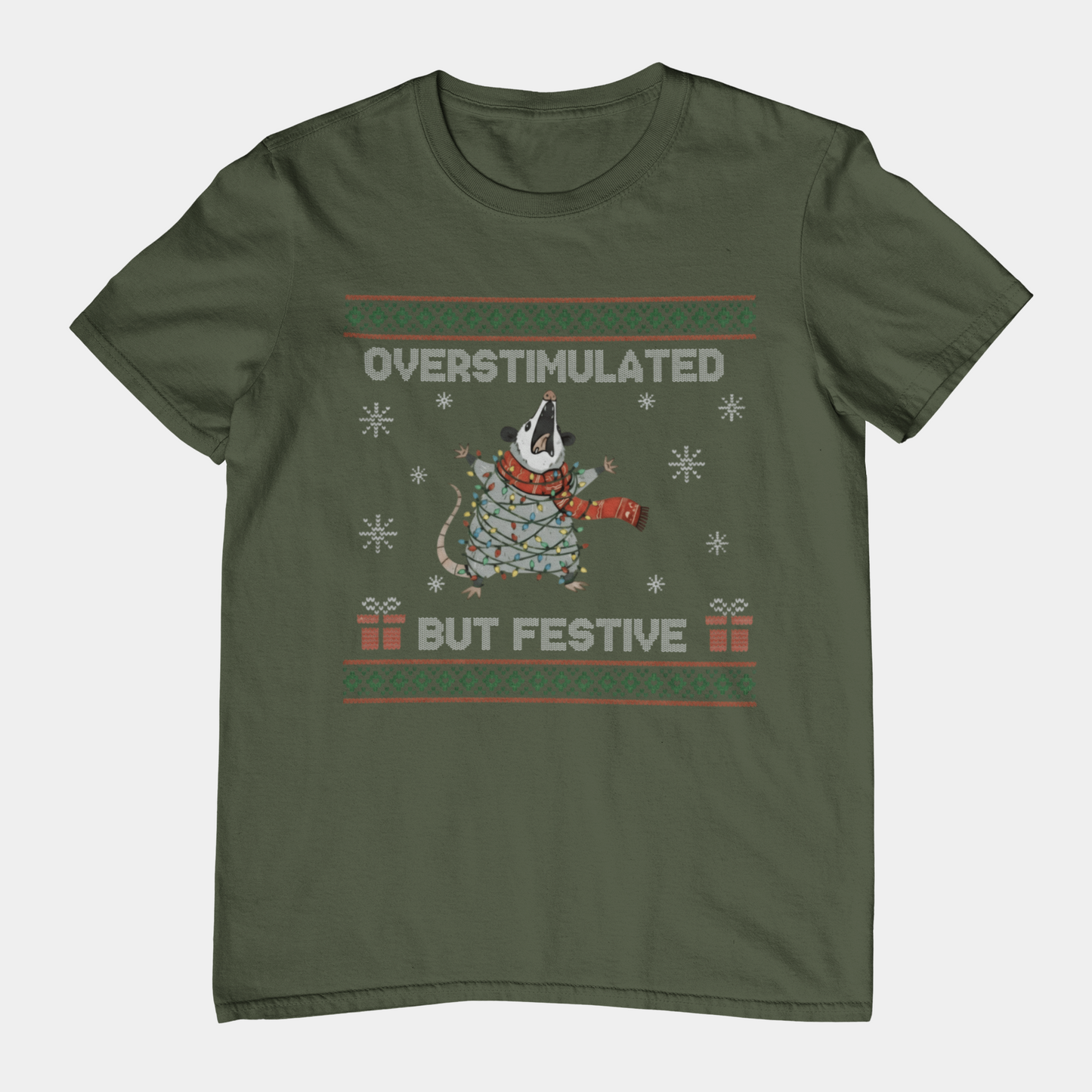 T-Shirt Overstimulated But Festive - Ugly Christmas Sweater Shirt Opossum