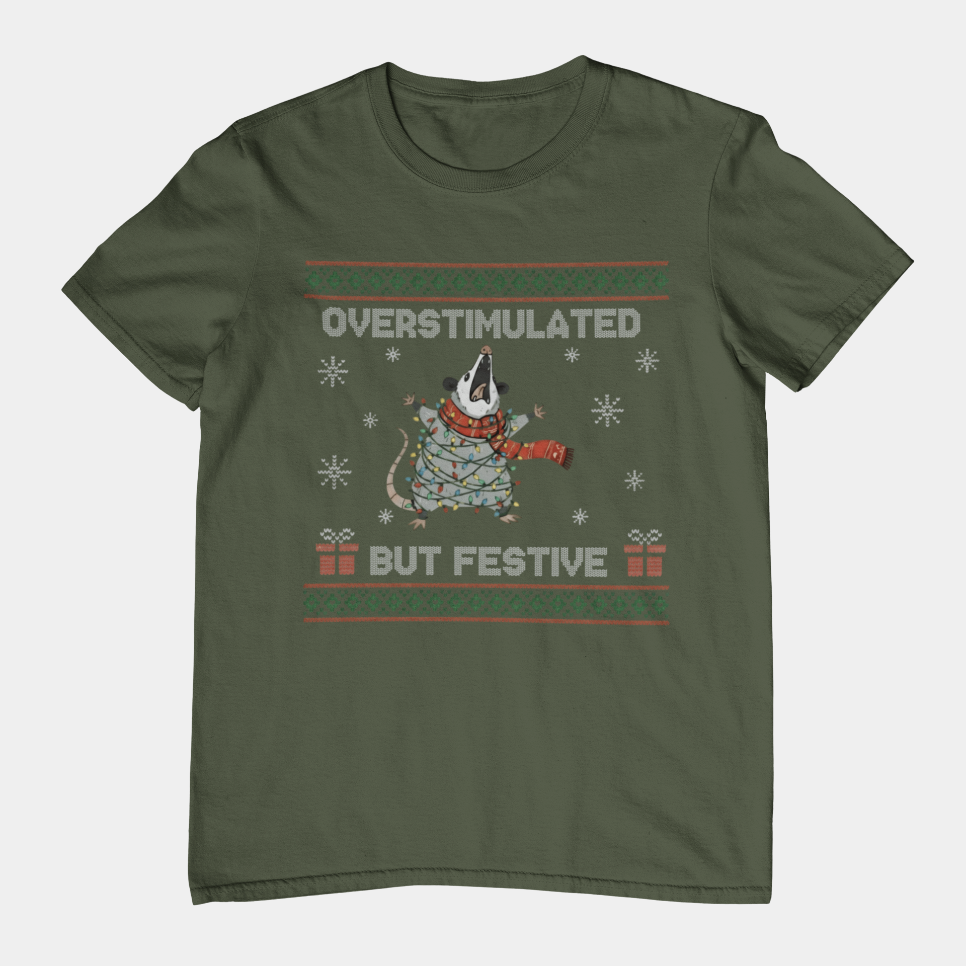 T-Shirt Overstimulated But Festive - Ugly Christmas Sweater Shirt Opossum