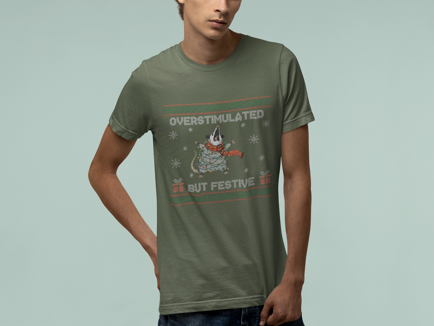 T-Shirt Overstimulated But Festive - Ugly Christmas Sweater Shirt Opossum