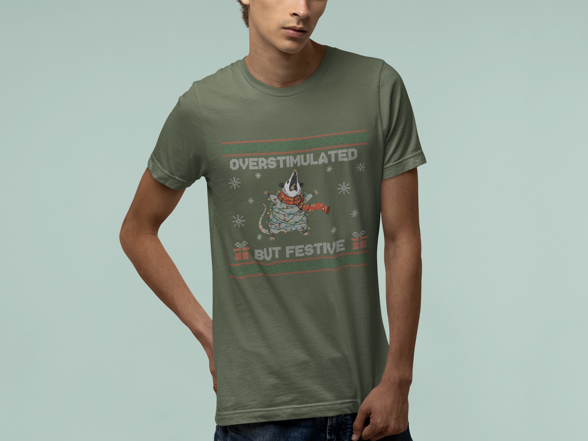T-Shirt Overstimulated But Festive - Ugly Christmas Sweater Shirt Opossum
