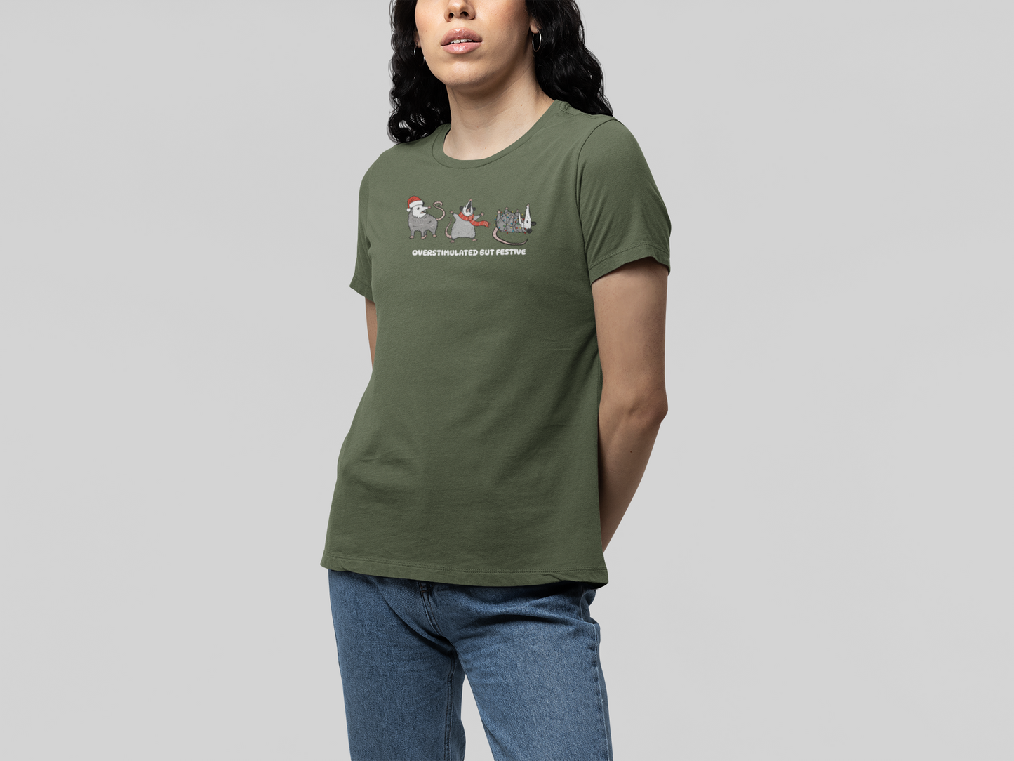 T-Shirt Overstimulated but Festive - Funny Introvert Christmas Shirt Opossum