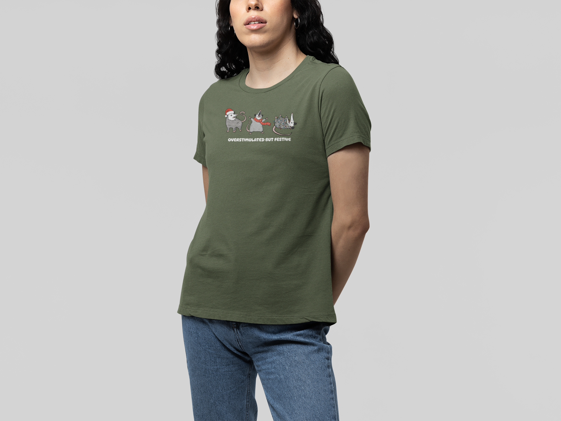 T-Shirt Overstimulated but Festive - Funny Introvert Christmas Shirt Opossum