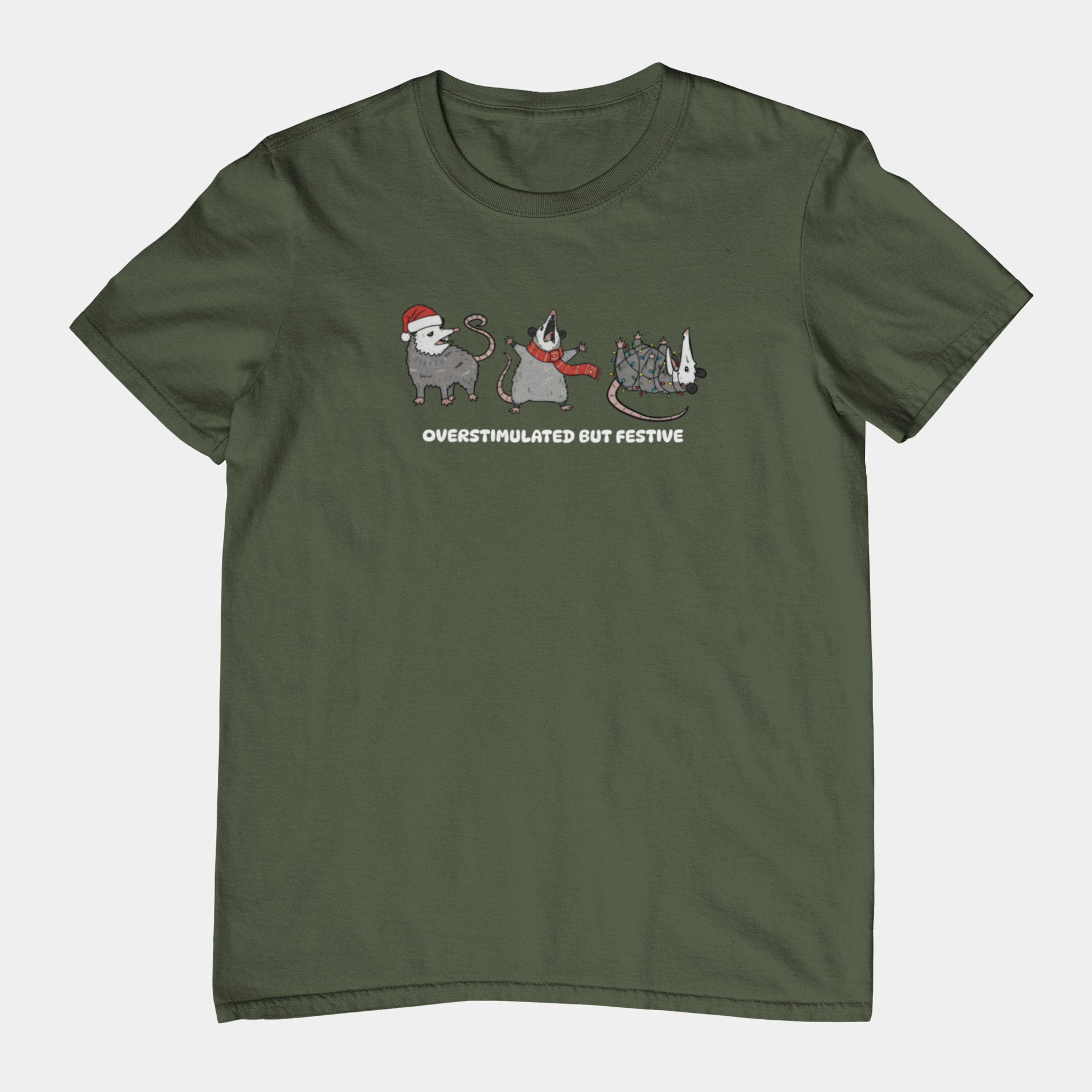 T-Shirt Overstimulated but Festive - Funny Introvert Christmas Shirt Opossum