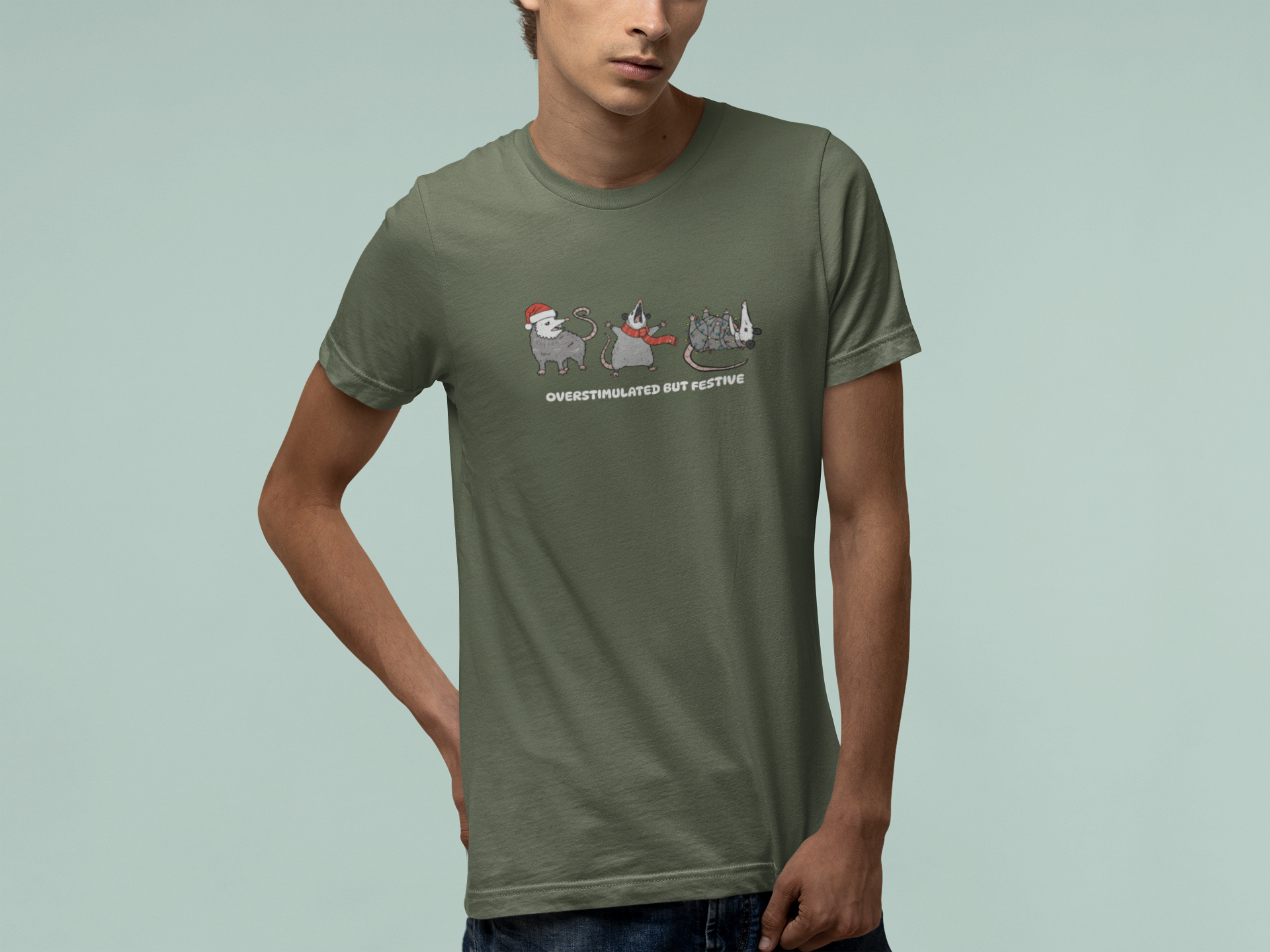 T-Shirt Overstimulated but Festive - Funny Introvert Christmas Shirt Opossum