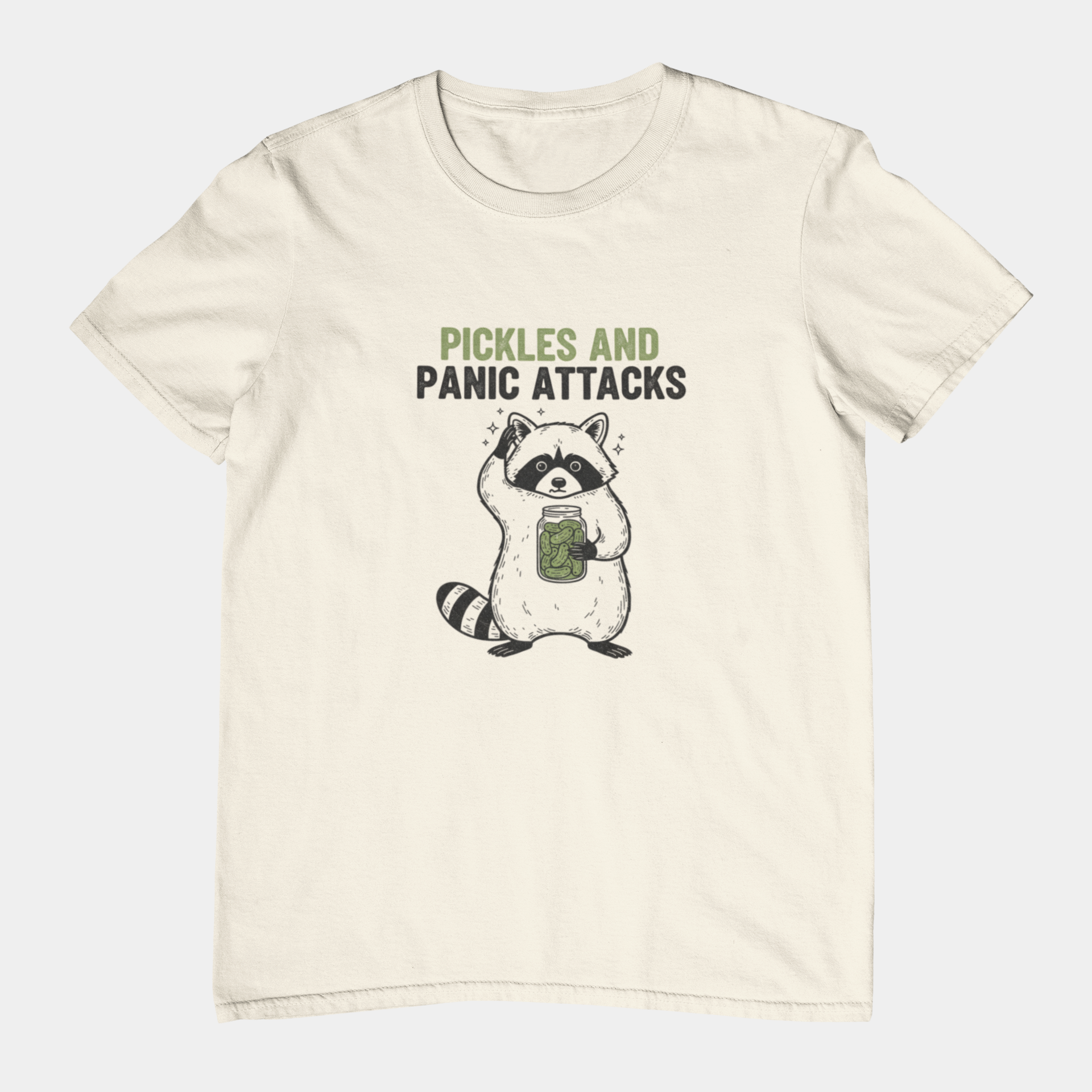 T-Shirt Pickles and Panic Attacks T-Shirt – Vintage Raccoon Graphic Tee