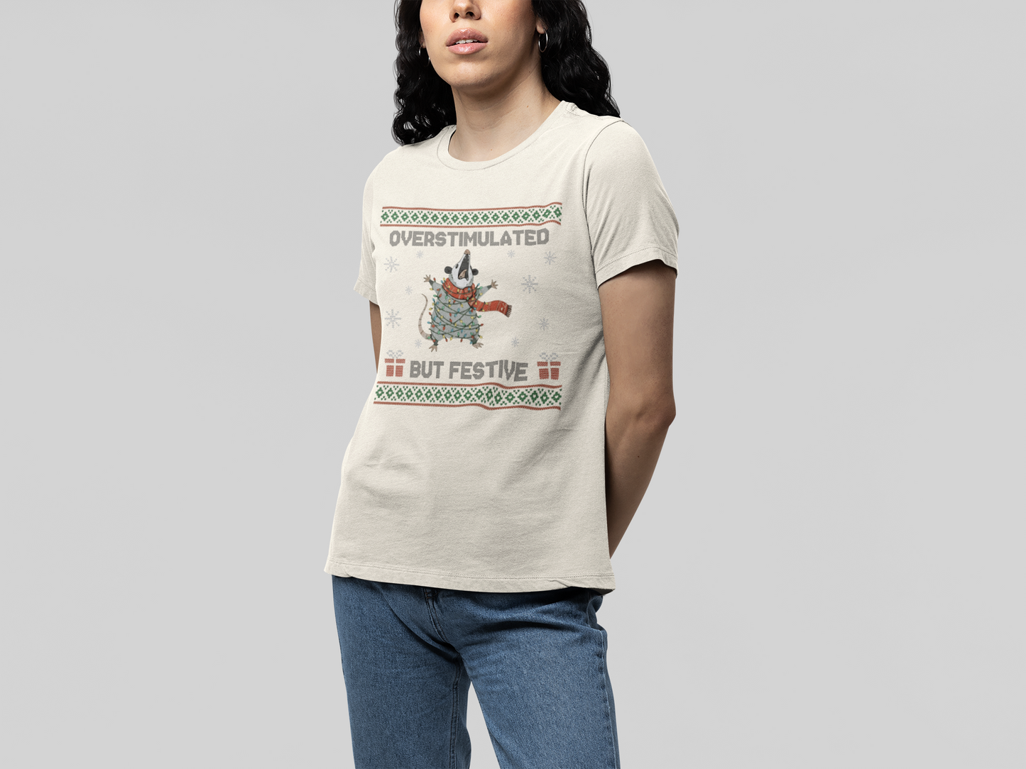 T-Shirt Overstimulated But Festive - Ugly Christmas Sweater Shirt Opossum
