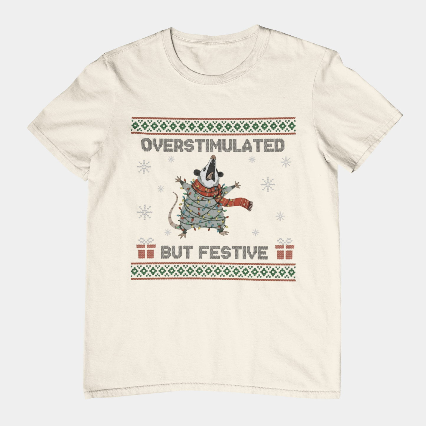 T-Shirt Overstimulated But Festive - Ugly Christmas Sweater Shirt Opossum